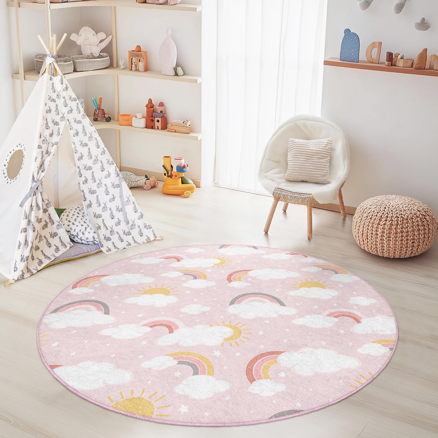 Runder Spielteppich „Regenbogenwolke“ für Kinder, weicher Kinderzimmerteppich, runder Teppich fürs Kinderzimmer, verspielte Dekoration fürs Mädchenzimmer