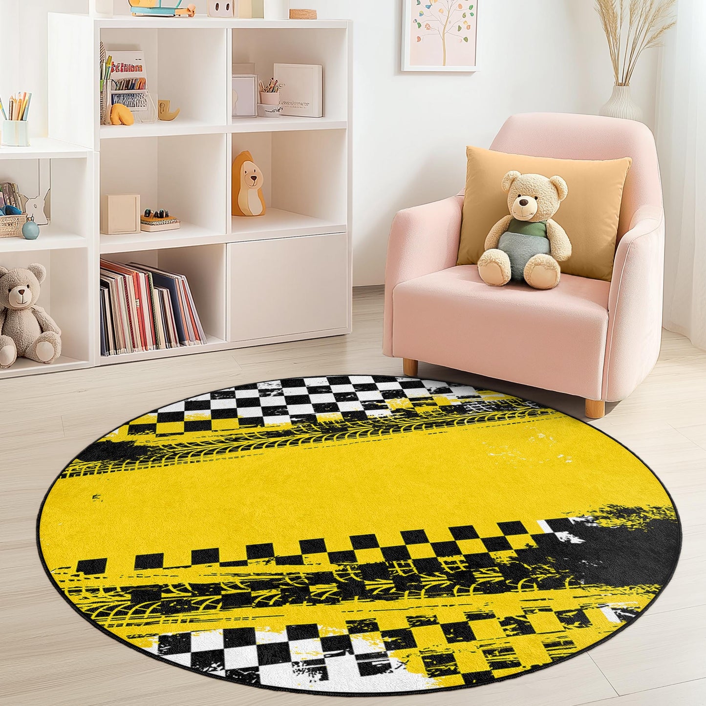 Runder, leuchtend gelb karierter Kinderspielteppich, Reifenspuren-Spielteppich, Spielzimmerdekoration, Kinderzimmerteppich, weiche Spielmatte für Kinder