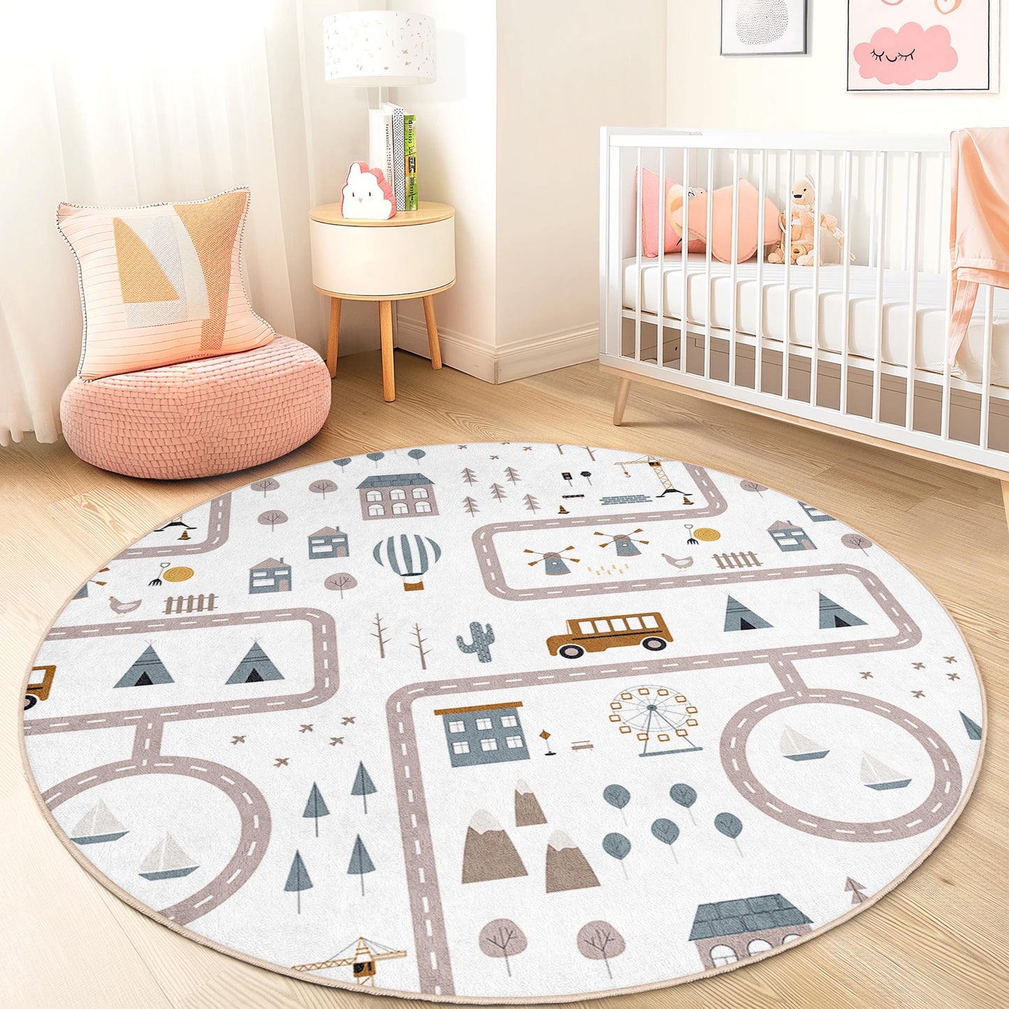 Runder Teppich mit verspieltem Straßenkartenmotiv für Kinder, weicher Kinderzimmerteppich, Kinderzimmerdekoration, interaktive Spielmatte, bezaubernder Kinderteppich