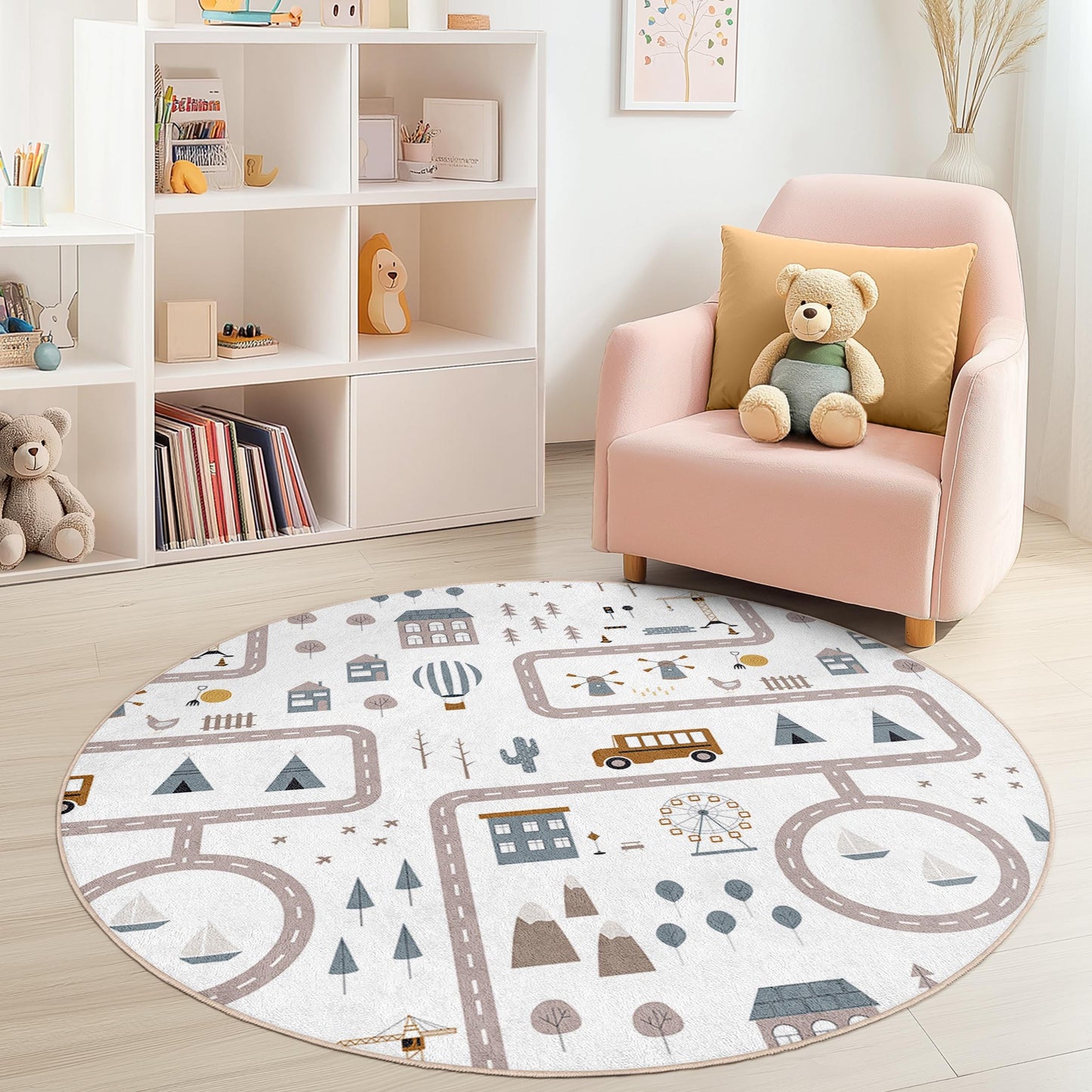 Runder Teppich mit verspieltem Straßenkartenmotiv für Kinder, weicher Kinderzimmerteppich, Kinderzimmerdekoration, interaktive Spielmatte, bezaubernder Kinderteppich