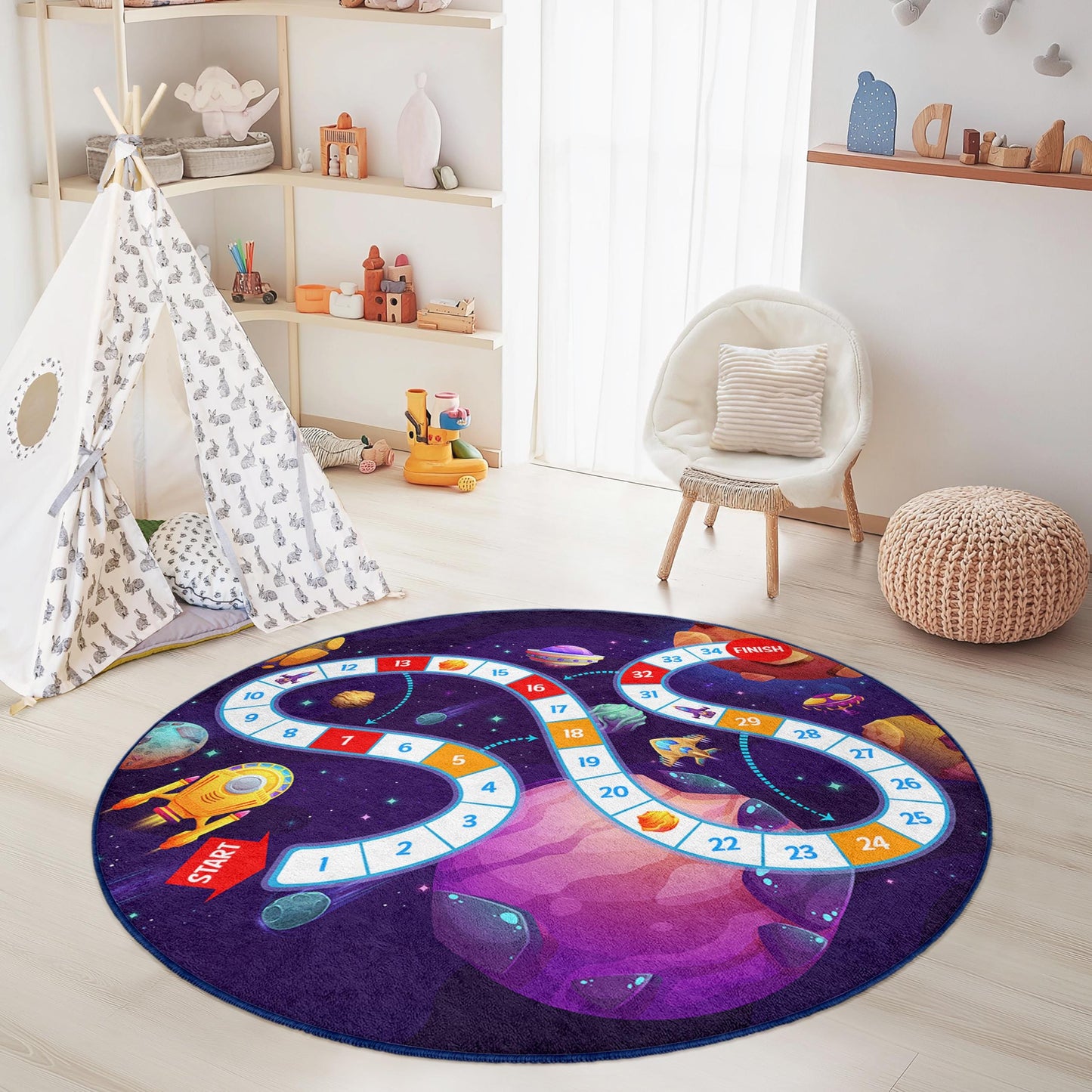 Runder Spielteppich für Kinder mit Weltraumabenteuer-Motiv, Galaxie-Teppich, Kinderzimmerdeko, interaktive Spielmatte, Lernteppich