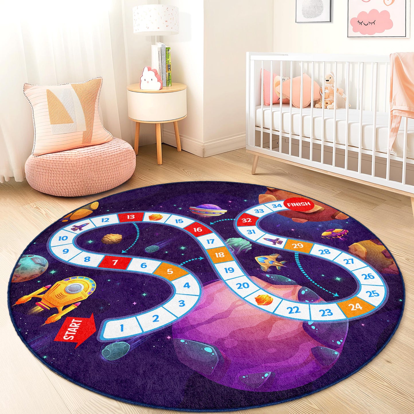 Runder Spielteppich für Kinder mit Weltraumabenteuer-Motiv, Galaxie-Teppich, Kinderzimmerdeko, interaktive Spielmatte, Lernteppich