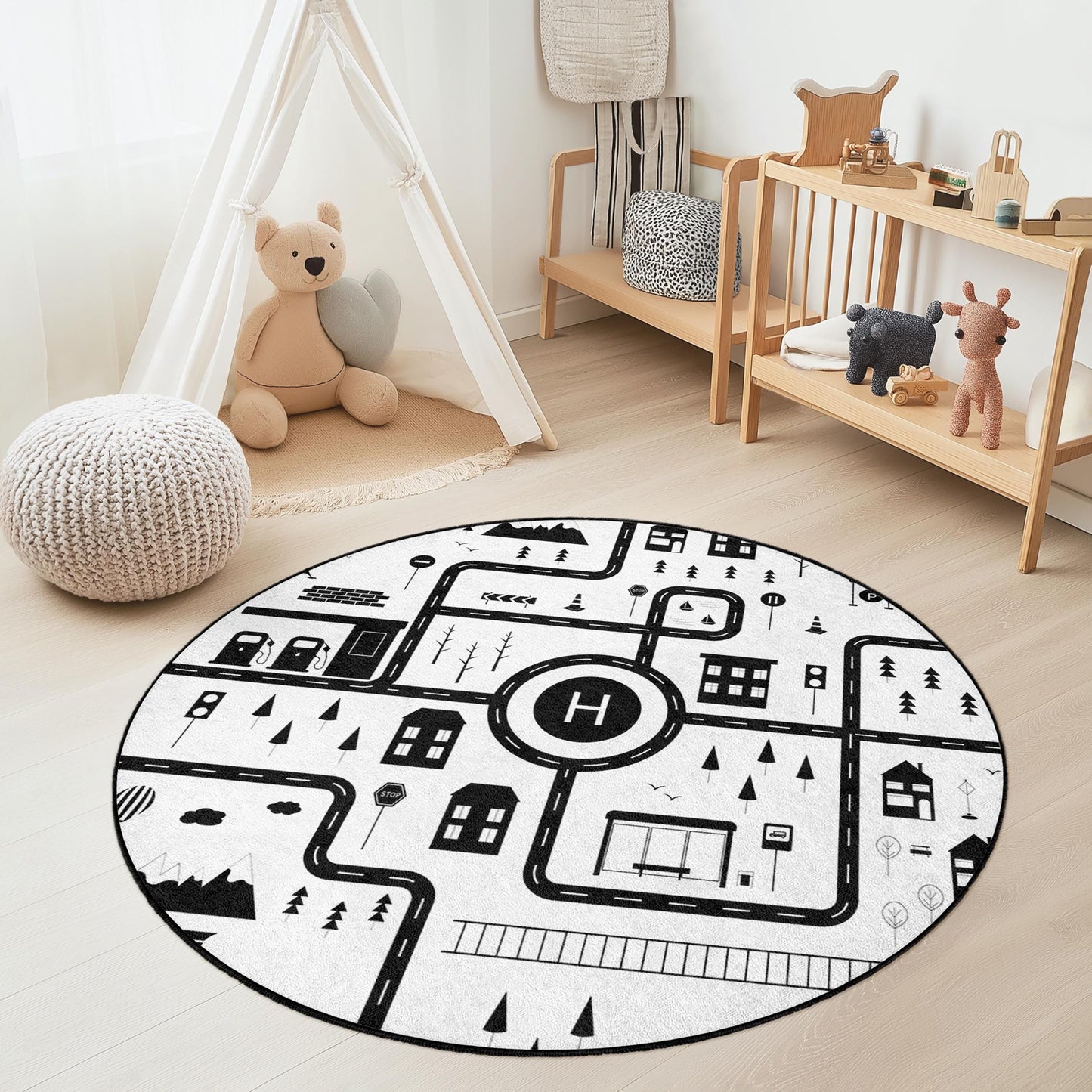 Runder Kinderteppich mit verspieltem Straßenkartenmotiv, schwarz-weißer Straßenteppich, weiche Spielmatte für Kinderzimmer, Kinderzimmerdekoration, interaktiver Spielbereich