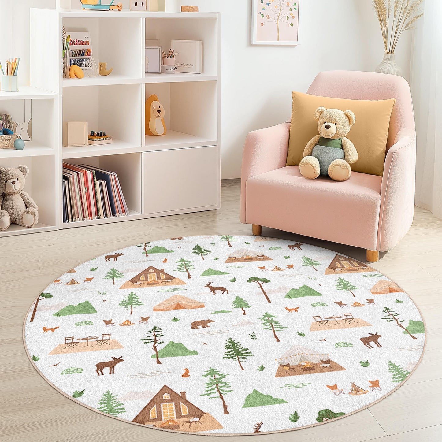 Runder Waldabenteuer-Kinderteppich, Tiercamp-Teppich, Waldspielmatte, Kinderzimmerdeko, Naturteppich, runder Kinderteppich