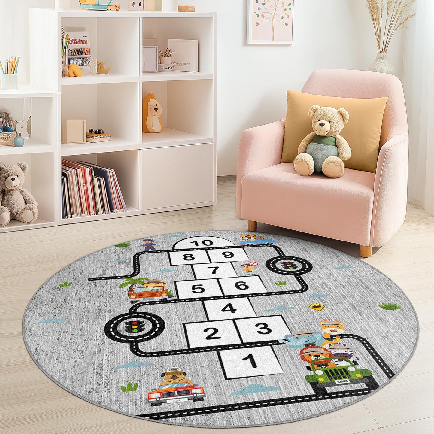Runder Hüpfspiel-Abenteuer-Spielteppich für Kinder, interaktive Spielmatte fürs Kinderzimmer, lustiger Straßenkarten-Teppich, Kinderzimmerdekoration, Spielzimmerteppich
