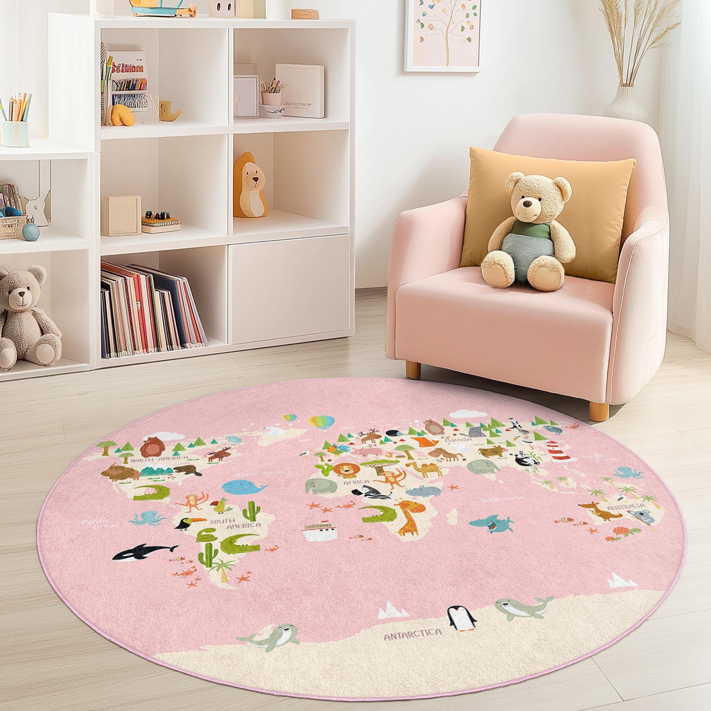 Weltkarten-Spielteppich für Kinder, runder Tierabenteuer-Teppich, Kinderzimmerdeko, interaktive Spielmatte für Kinder, weicher und kuscheliger Teppich