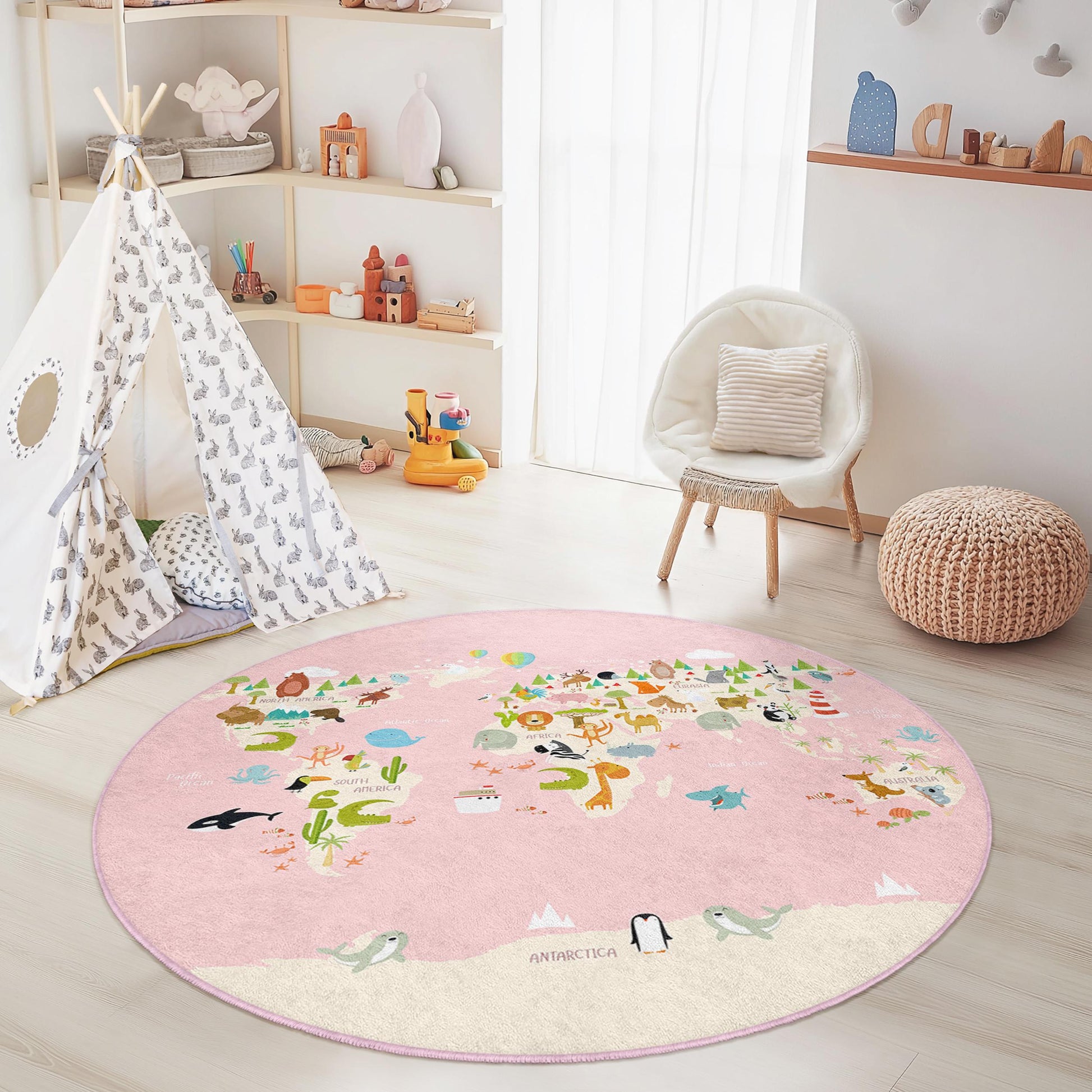 World Map Kids Play Rug, Round Animal Adventure Rug, Nursery Decor, Interactive Play Mat for Children, Soft and Cozy Carpet