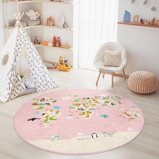 World Map Kids Play Rug, Round Animal Adventure Rug, Nursery Decor, Interactive Play Mat for Children, Soft and Cozy Carpet