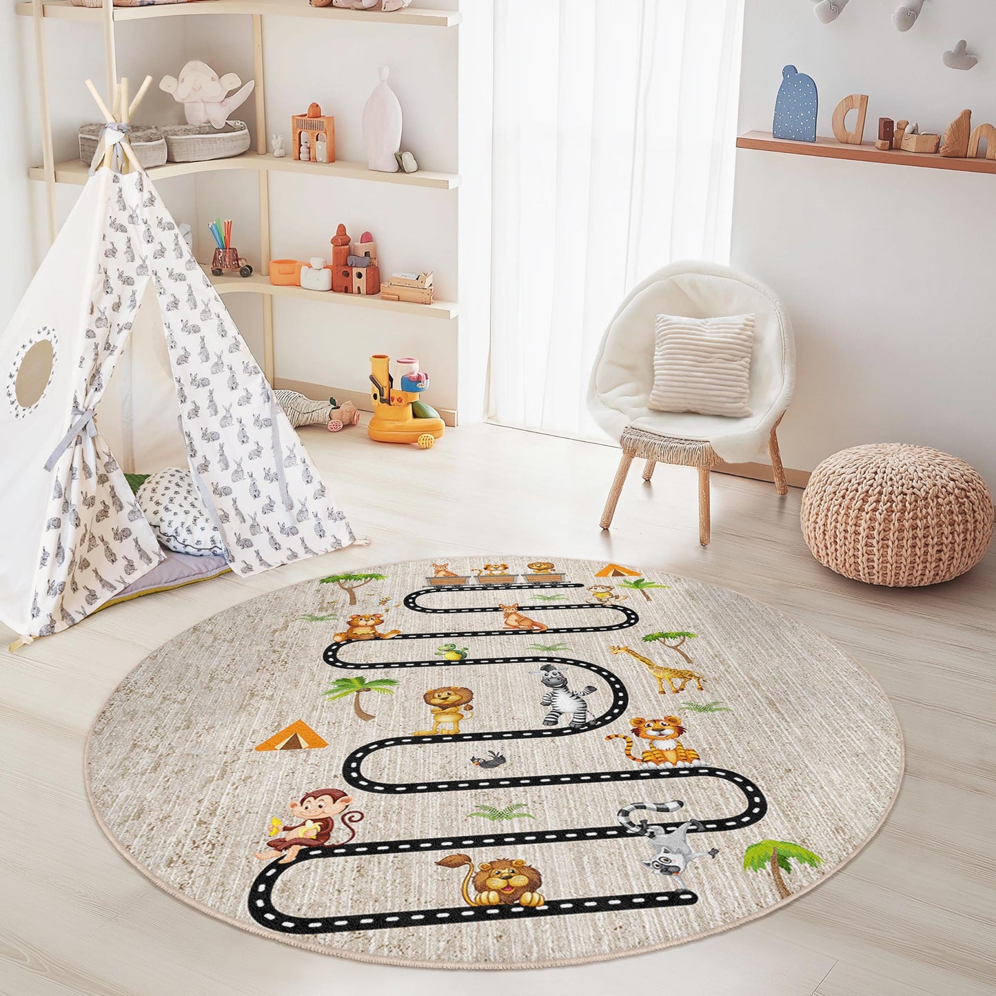 Runder Dschungel-Spielteppich für Kinder, Spielmatte mit Tiermotiven, weicher runder Teppich fürs Kinderzimmer, interaktiver Kinderteppich, Kinderzimmerdekoration