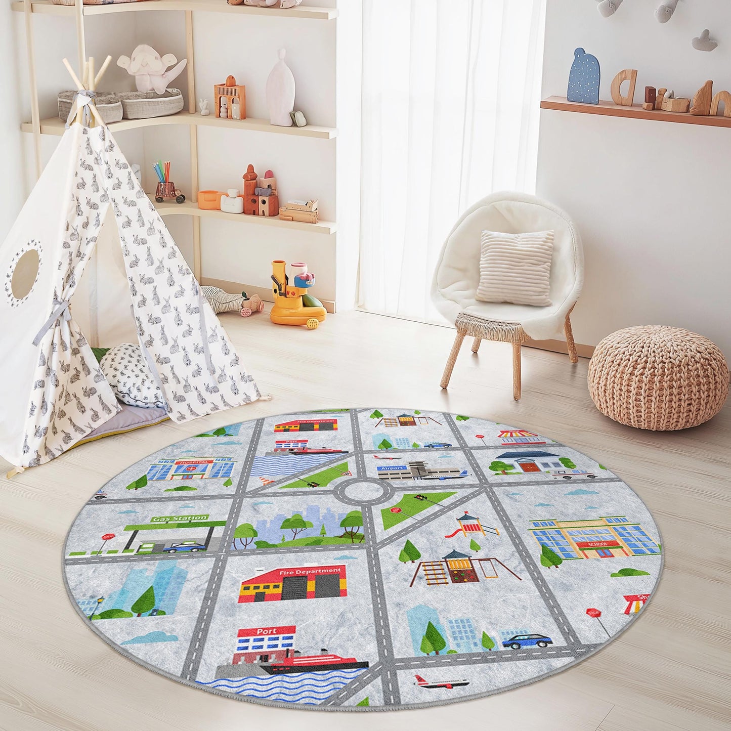 Runder Spielteppich mit Stadtplan, interaktive Spielmatte fürs Kinderzimmer, weicher runder Teppich fürs Spielzimmer, Lernteppich für Kinder