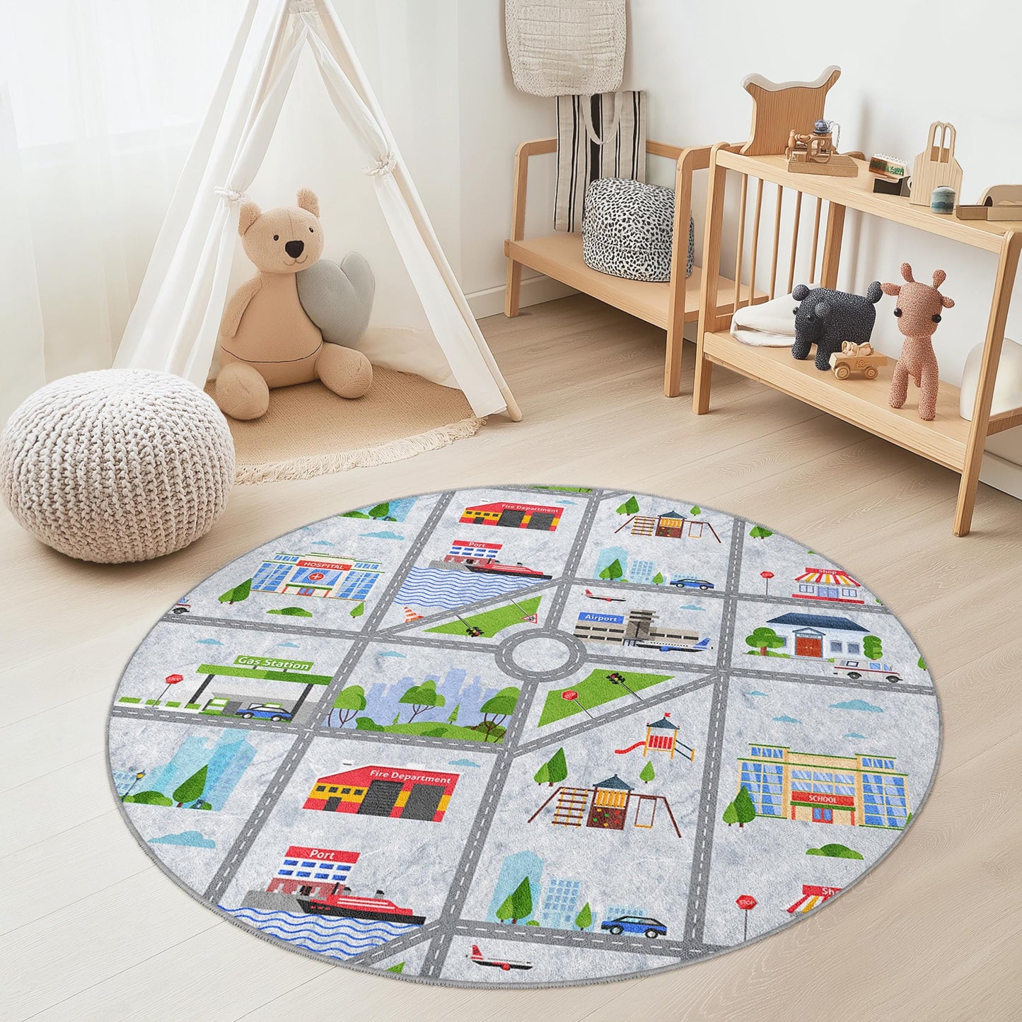 Runder Spielteppich mit Stadtplan, interaktive Spielmatte fürs Kinderzimmer, weicher runder Teppich fürs Spielzimmer, Lernteppich für Kinder