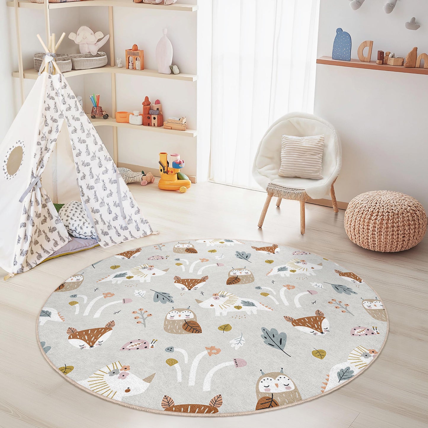 Runder Kinderteppich mit verspielten Waldtieren, niedlicher Teppich mit Tiermotiven, Kinderzimmerdeko, Spielzimmerteppich, weicher runder Teppich