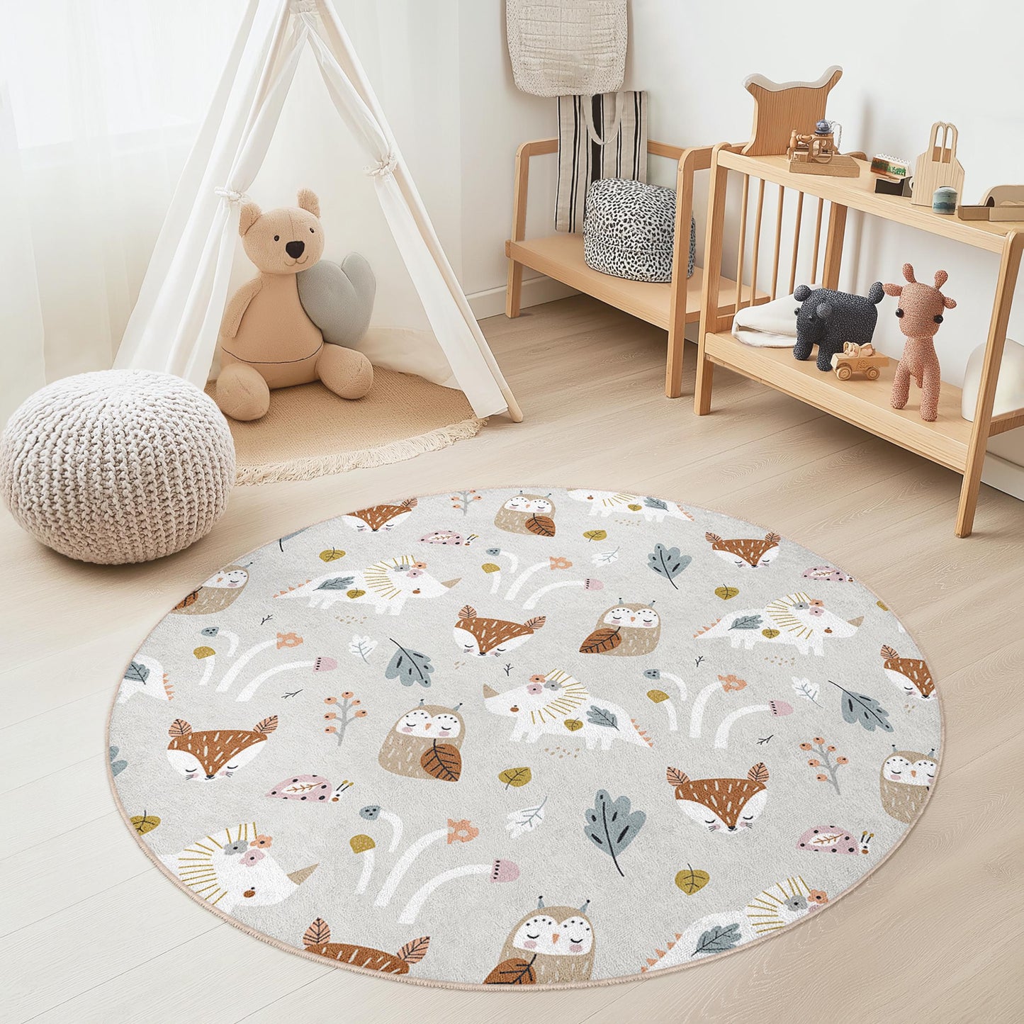 Runder Kinderteppich mit verspielten Waldtieren, niedlicher Teppich mit Tiermotiven, Kinderzimmerdeko, Spielzimmerteppich, weicher runder Teppich