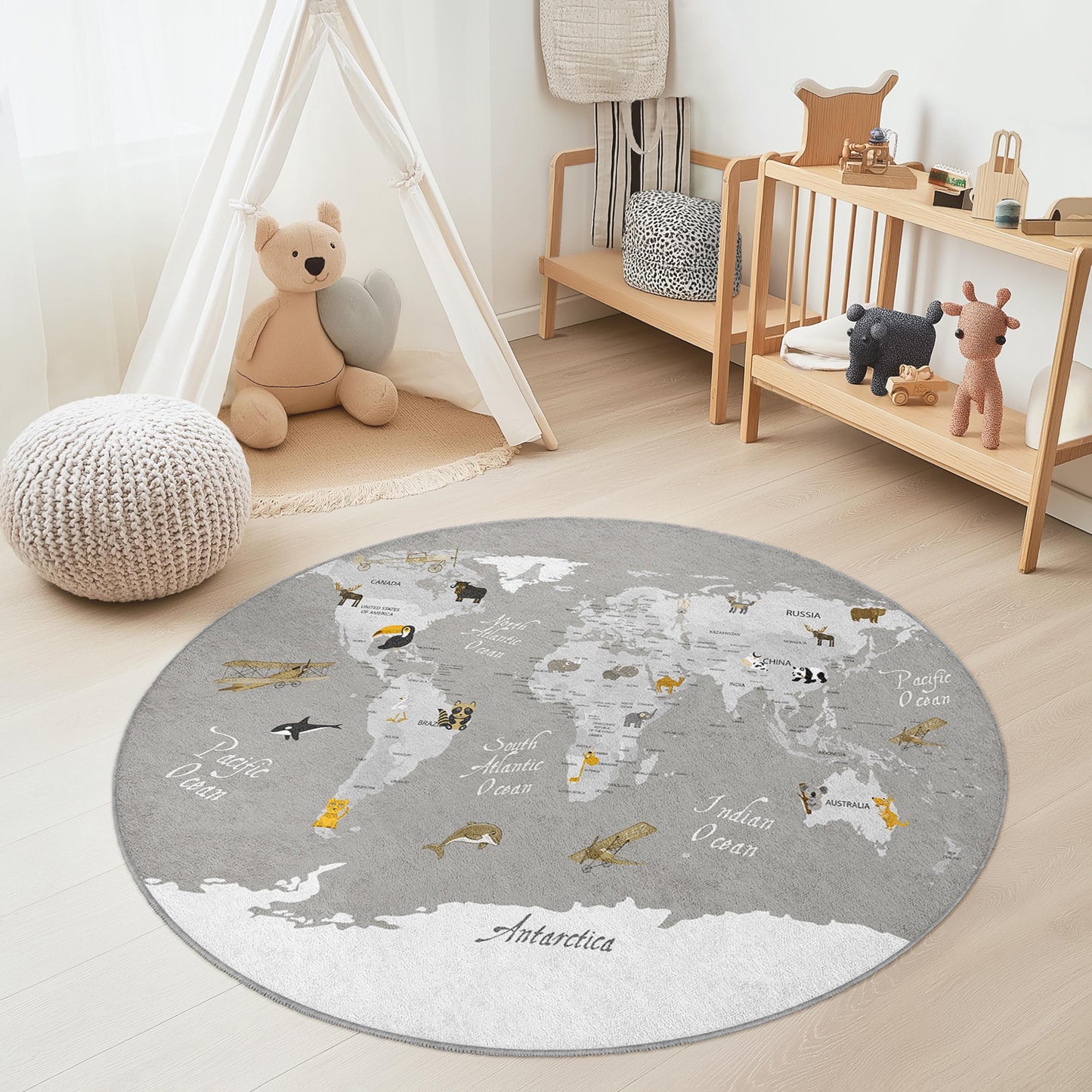 Weltkarten-Tierteppich, runder Spielteppich für Kinder, Lernteppich für Kinder, Teppich mit Tiermotiven, Kinderzimmerdeko, Spielzimmerteppich