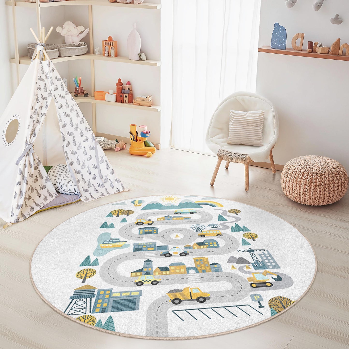 Bunter runder Spielteppich mit Straßenkartenmotiv für Kinder, interaktiver Kinderteppich, Kinderzimmerdekoration, Spielmatte, weicher und kuscheliger Teppich