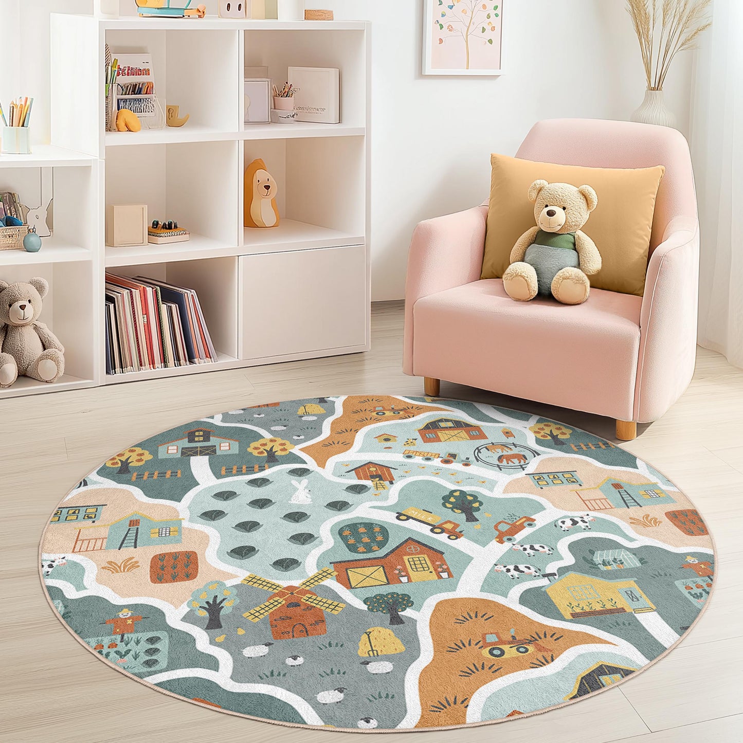 Runder Spielteppich im Landhausstil für Kinder, farbenfrohes Tier- und Scheunenmotiv, Spielzimmerdekoration, weicher runder Teppich fürs Kinderzimmer