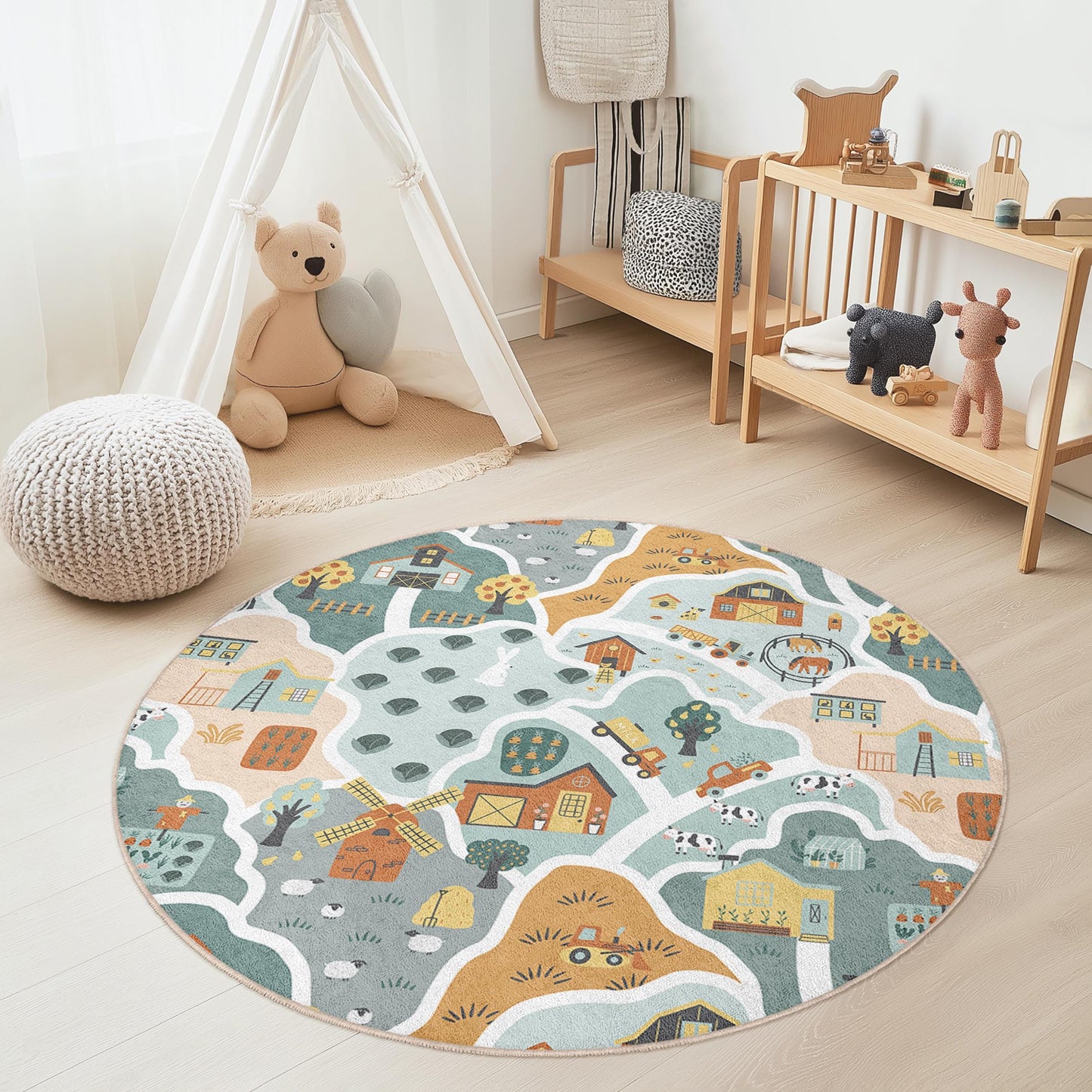 Runder Spielteppich im Landhausstil für Kinder, farbenfrohes Tier- und Scheunenmotiv, Spielzimmerdekoration, weicher runder Teppich fürs Kinderzimmer