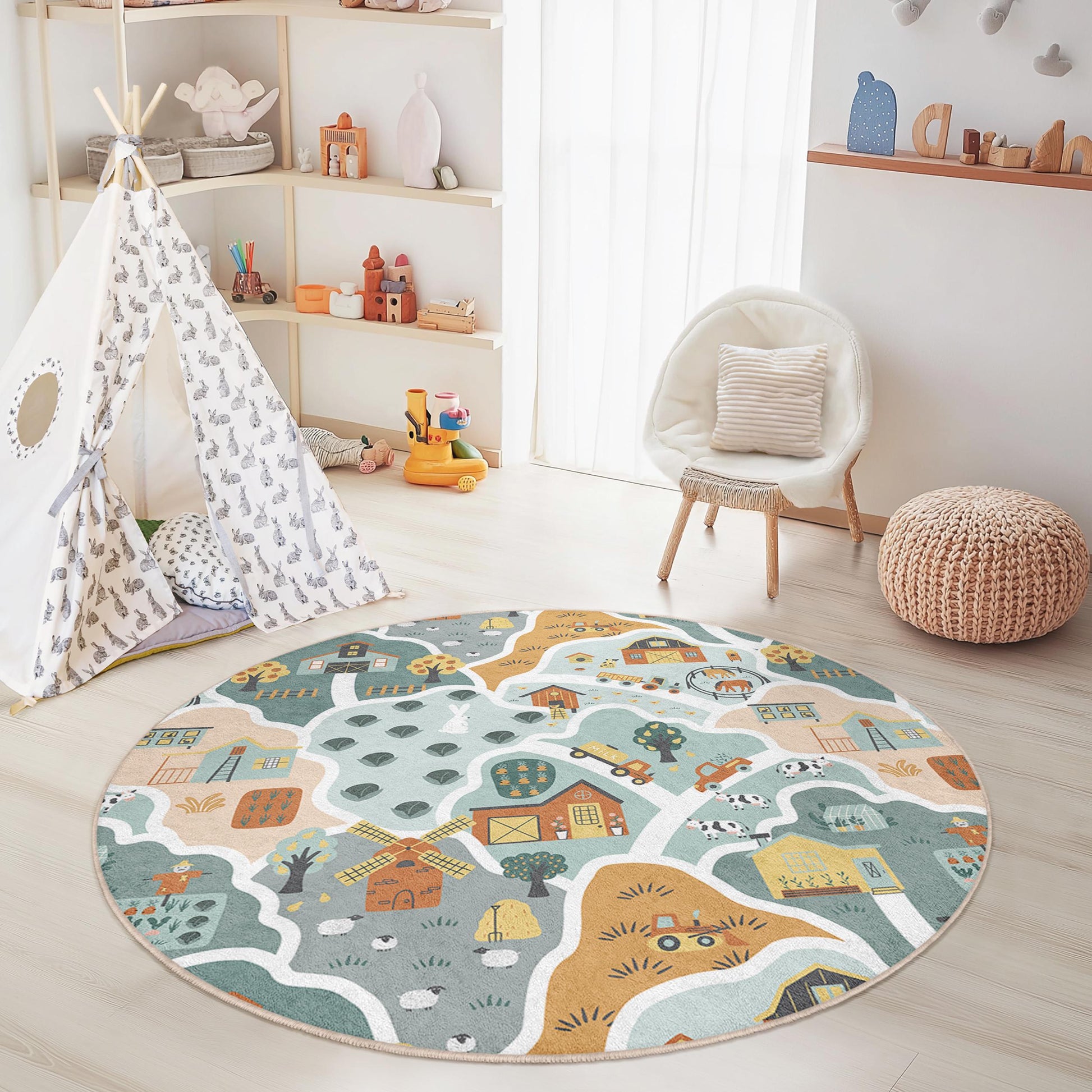 Farmhouse Themed Round Kids Play Rug, Colorful Animal and Barn Design, Playroom Decor, Soft Nursery Round Carpet