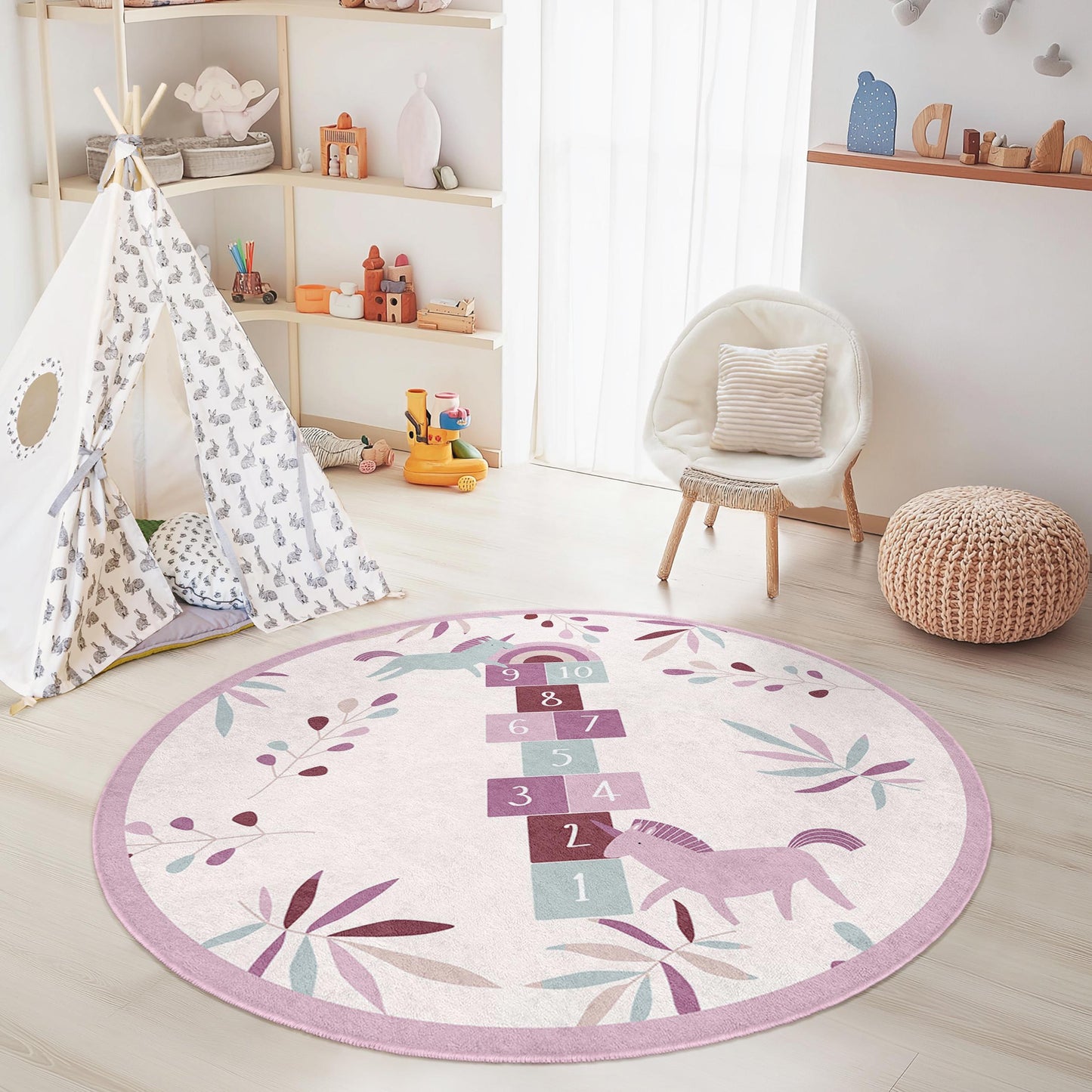 Runder Einhorn-Hüpfspiel-Kinderteppich, florale Spielmatte fürs Kinderzimmer, weicher Kinderteppich, Spielzimmerdeko, Kinderzimmer-Basics