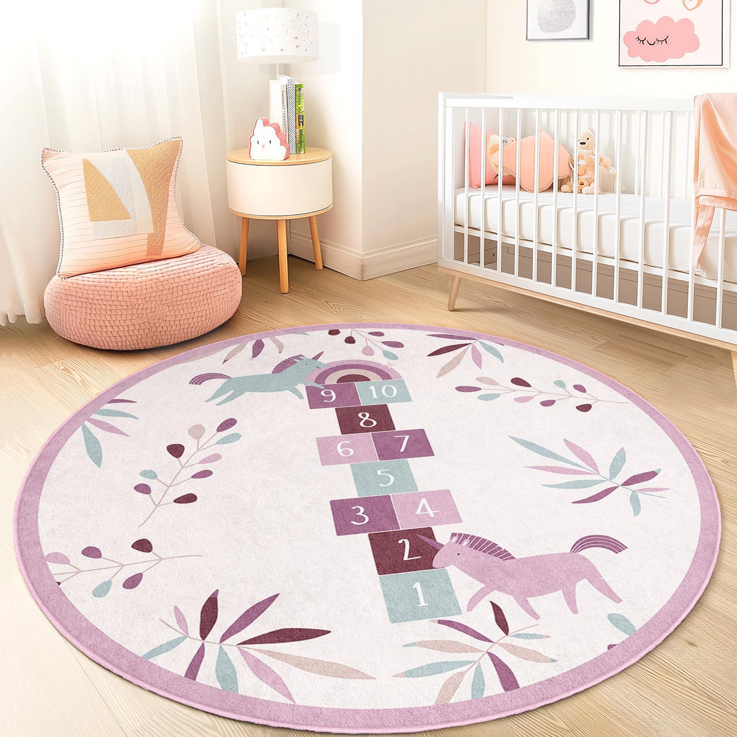 Runder Einhorn-Hüpfspiel-Kinderteppich, florale Spielmatte fürs Kinderzimmer, weicher Kinderteppich, Spielzimmerdeko, Kinderzimmer-Basics