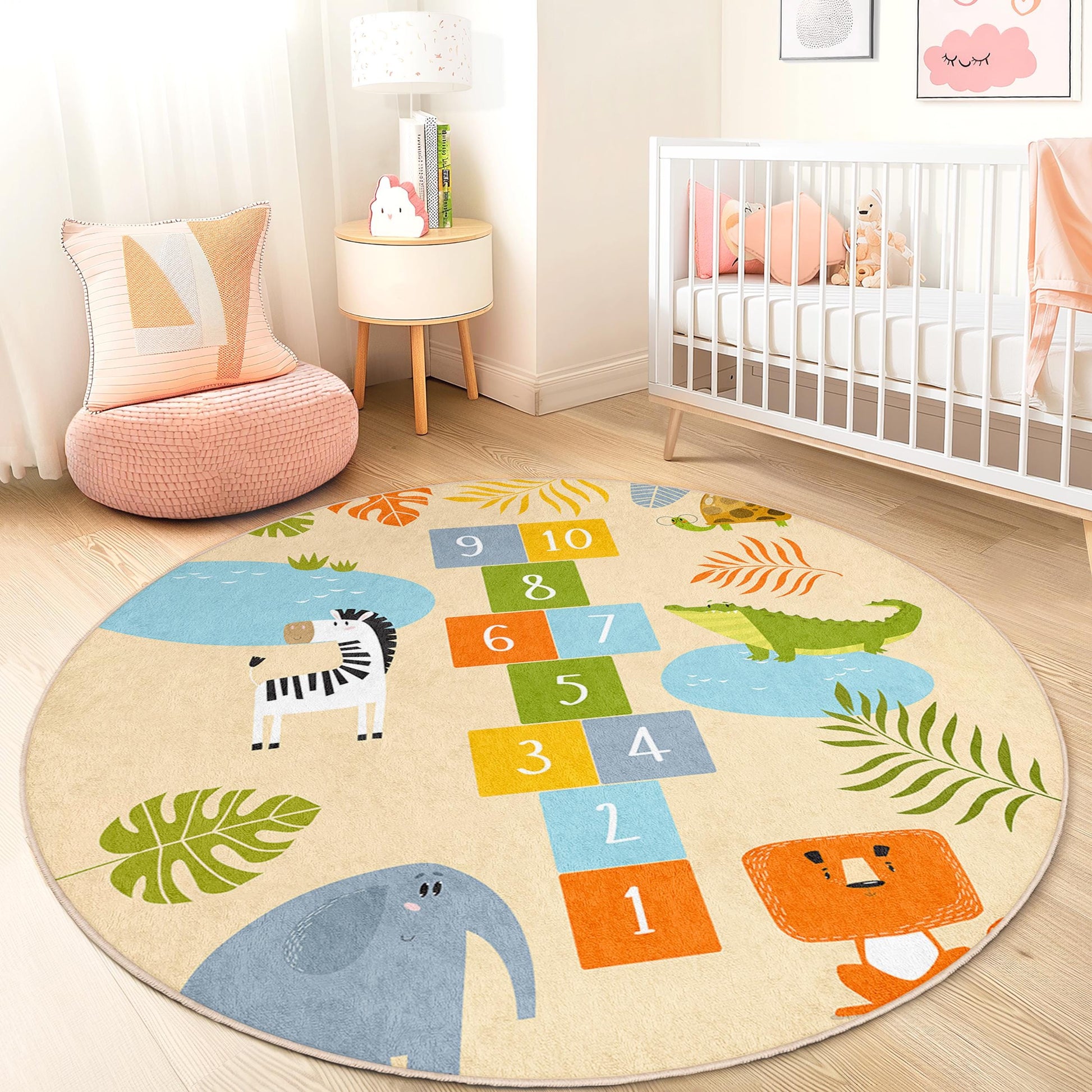 Playful Animal Round Rug for Kids Room, Hopscotch Design, Soft Nursery Carpet, Interactive Play Mat, Kids Decor, Jungle Theme Rug