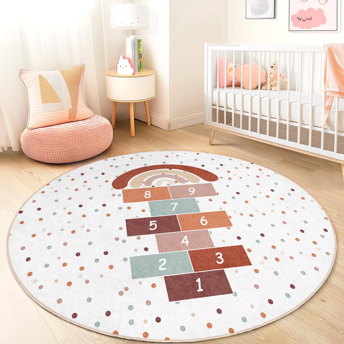 Runder Spielteppich mit Regenbogen-Hüpfspiel, Runder Kinderteppich, Spielzimmerdeko, Weicher runder Teppich, Spielmatte, Bunter Kinderteppich