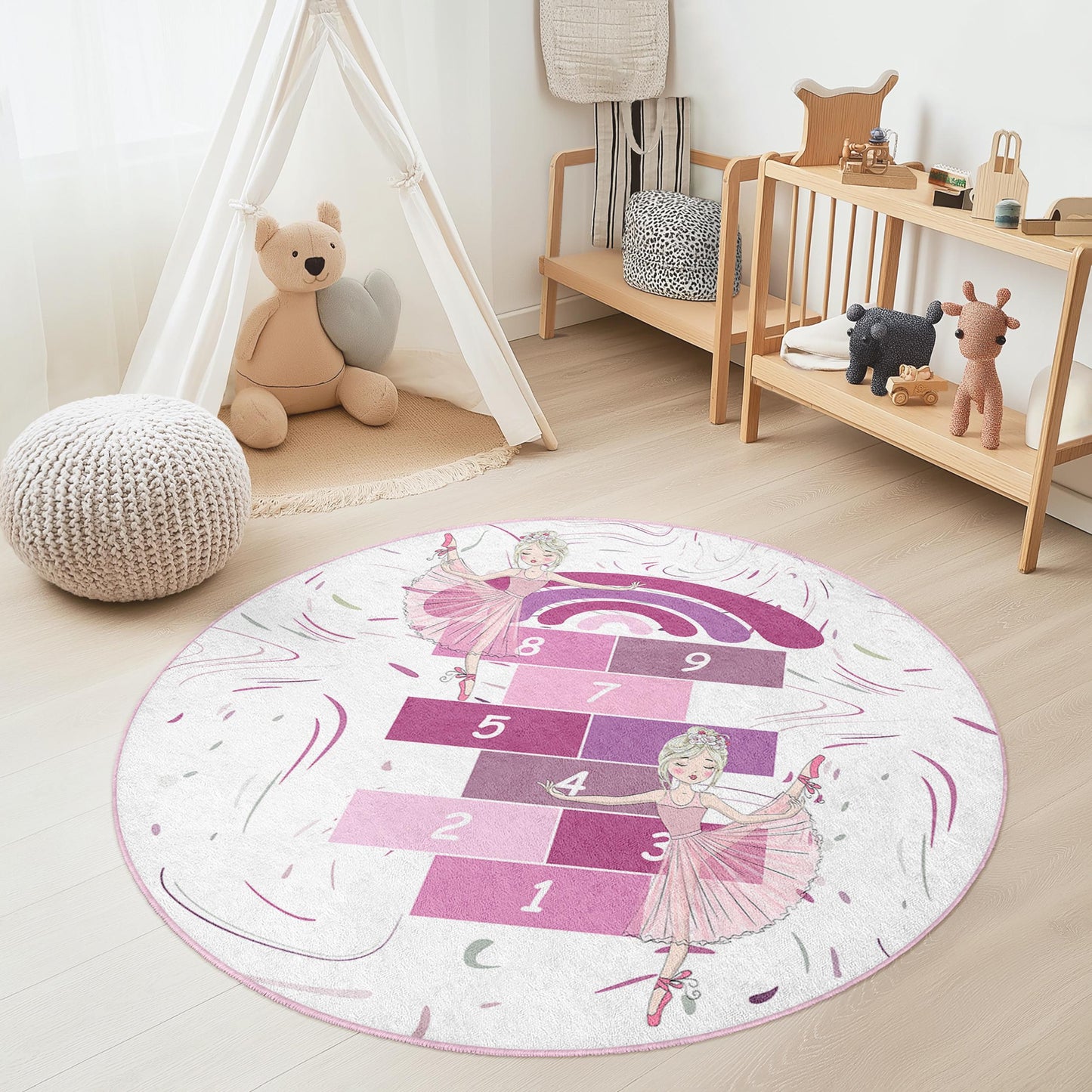Runder Ballett-Teppich für Kinder, Hüpfspielmatte für Mädchen, Teppich mit Ballettmotiv, Kinderzimmerdeko, Spielzimmerteppich