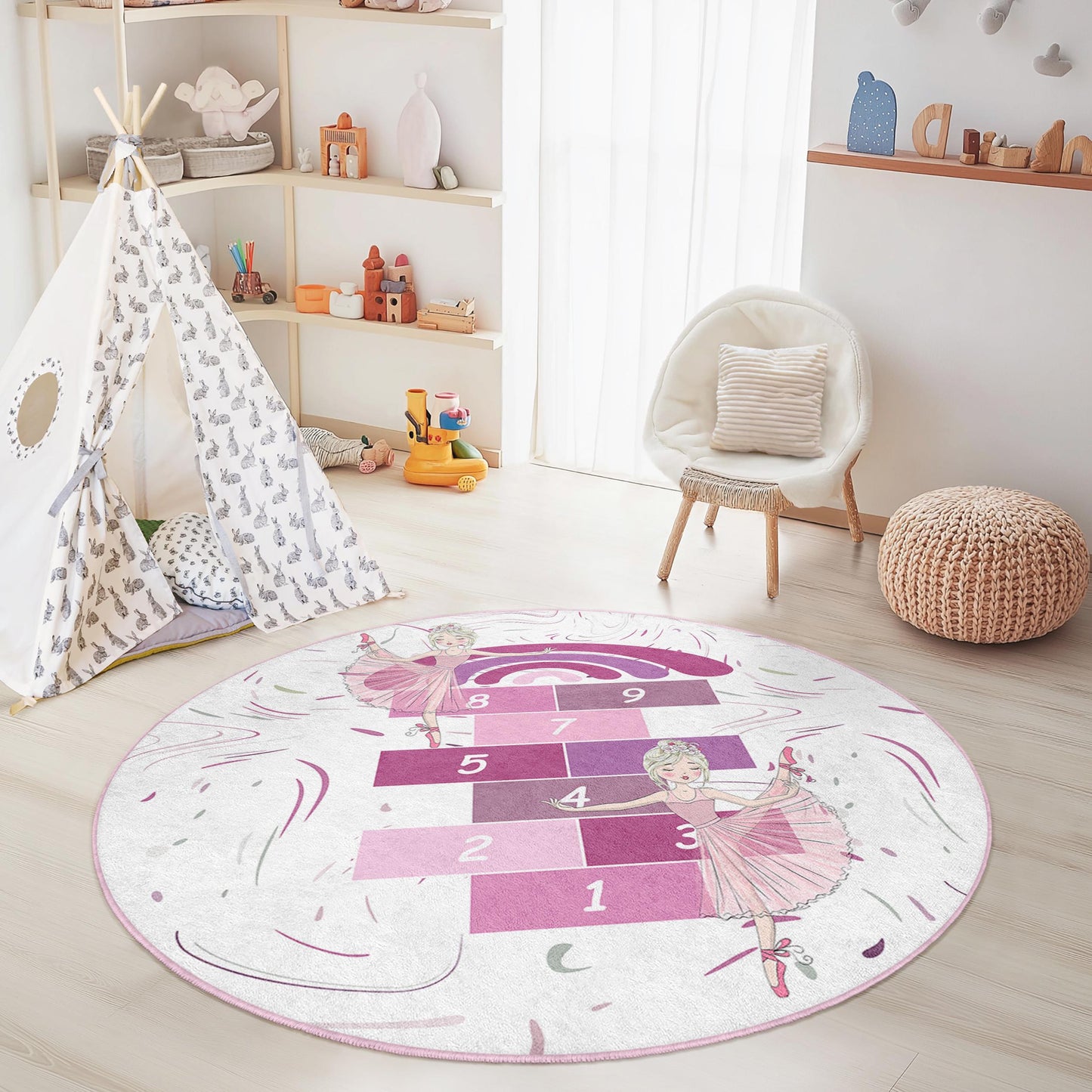 Ballet Dance Round Kids Rug, Hopscotch Play Mat for Girls, Ballet Themed Carpet, Childrens Room Decor, Playroom Rug