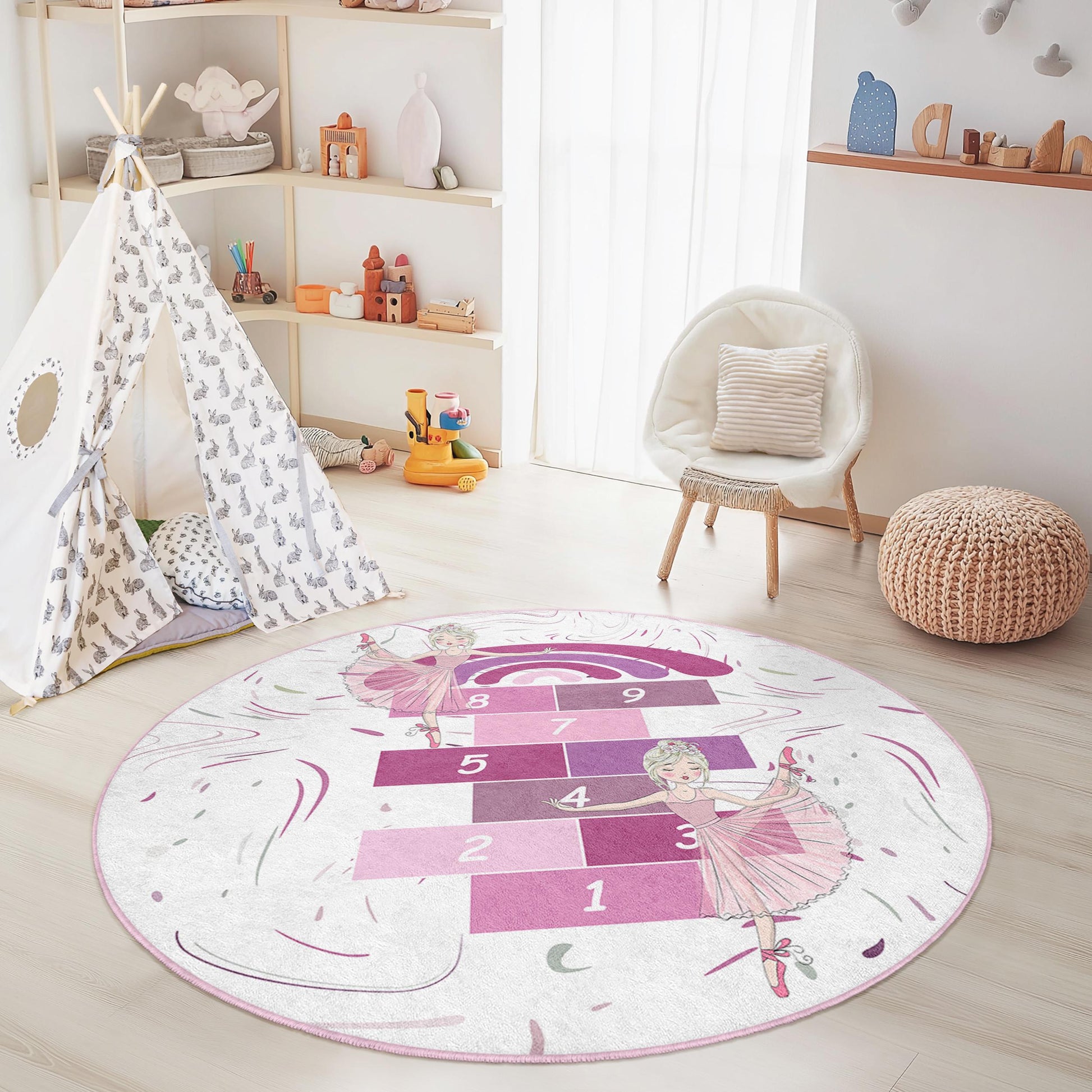 Ballet Dance Round Kids Rug, Hopscotch Play Mat for Girls, Ballet Themed Carpet, Childrens Room Decor, Playroom Rug