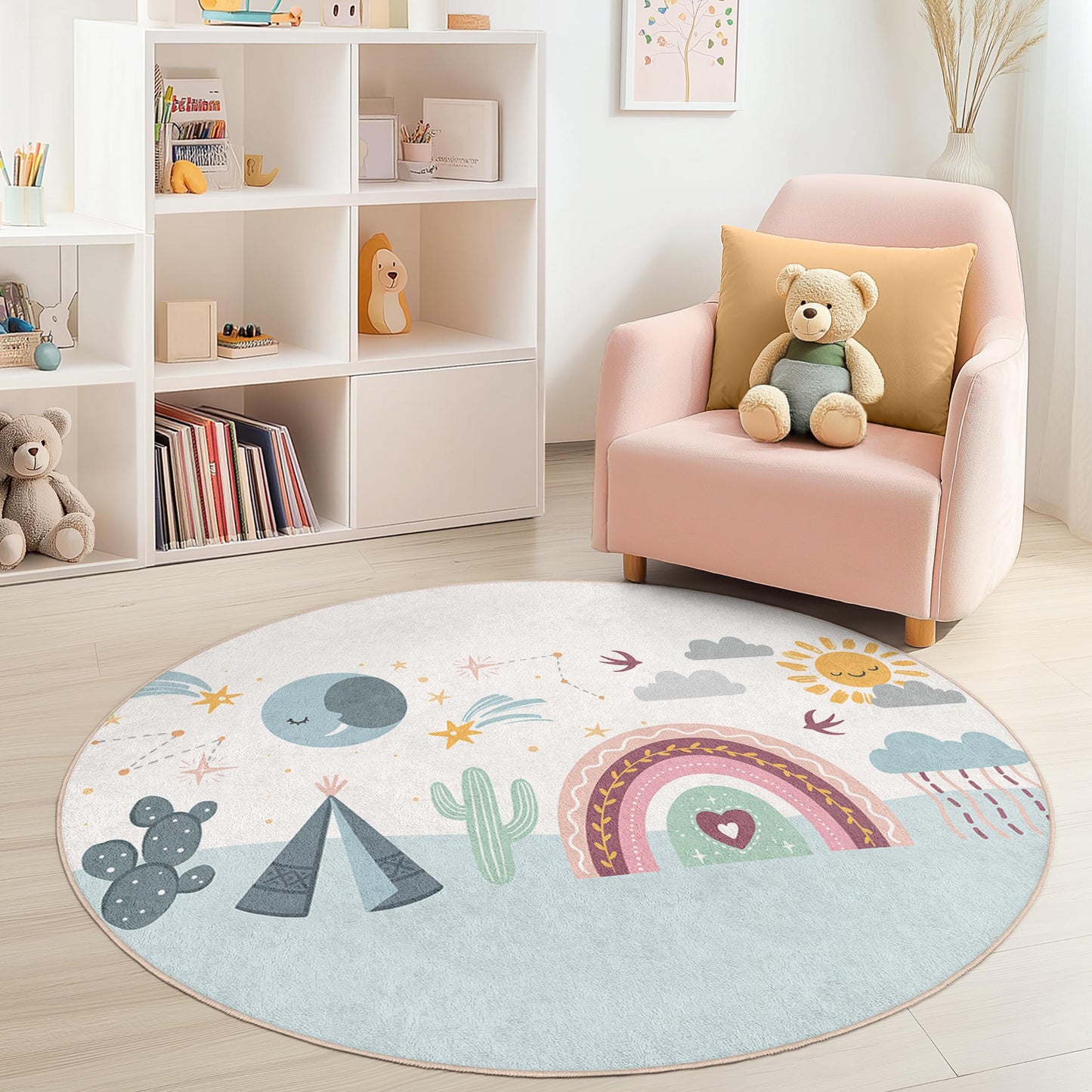 Runder Kinderteppich „Regenbogenabenteuer“, farbenfrohe Spielzimmerdekoration, weicher Kinderzimmerteppich, Spielmatte mit Regenbogenmotiv