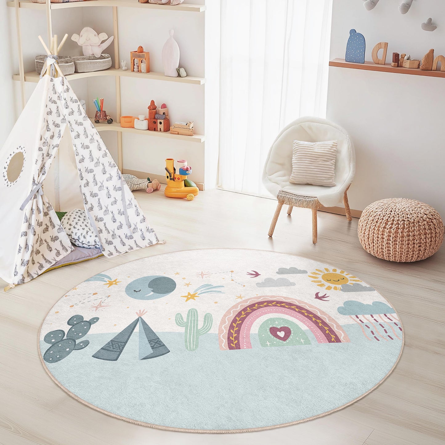 Runder Kinderteppich „Regenbogenabenteuer“, farbenfrohe Spielzimmerdekoration, weicher Kinderzimmerteppich, Spielmatte mit Regenbogenmotiv
