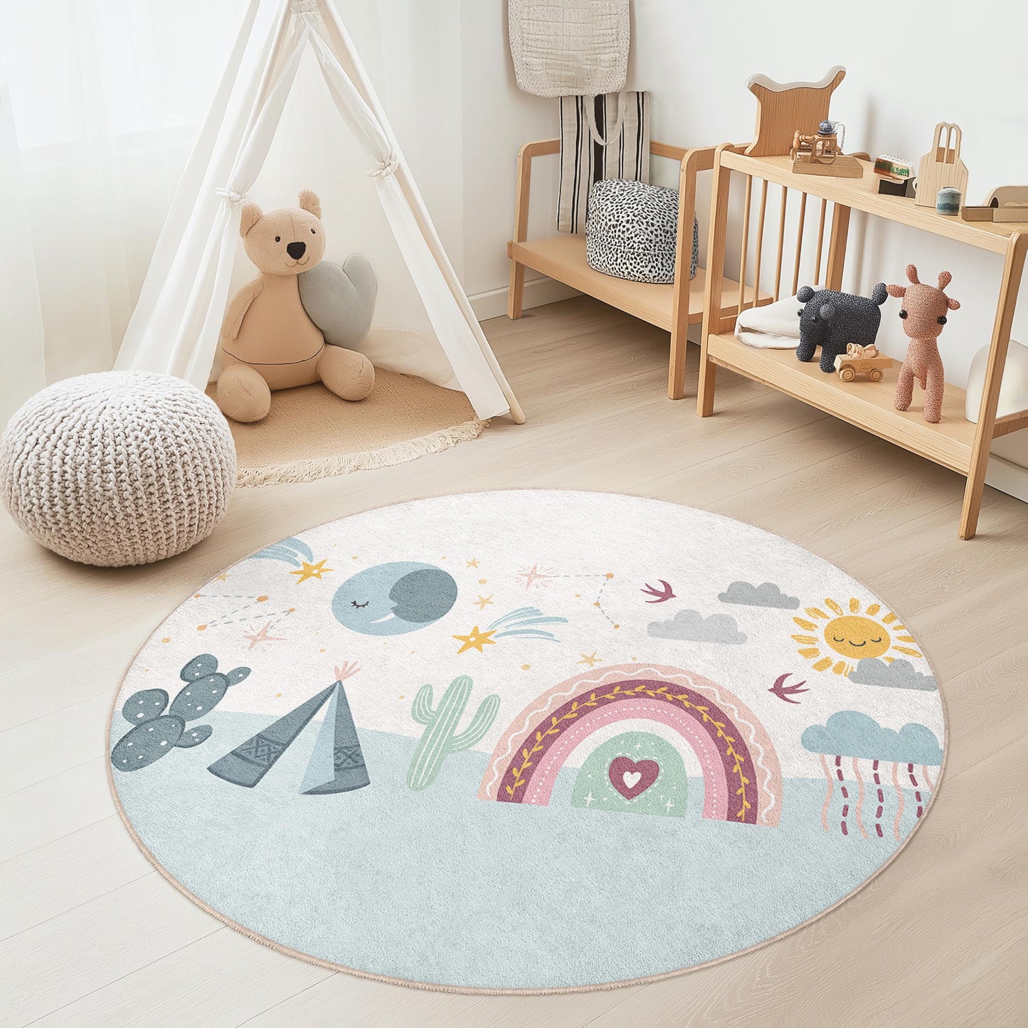Runder Kinderteppich „Regenbogenabenteuer“, farbenfrohe Spielzimmerdekoration, weicher Kinderzimmerteppich, Spielmatte mit Regenbogenmotiv