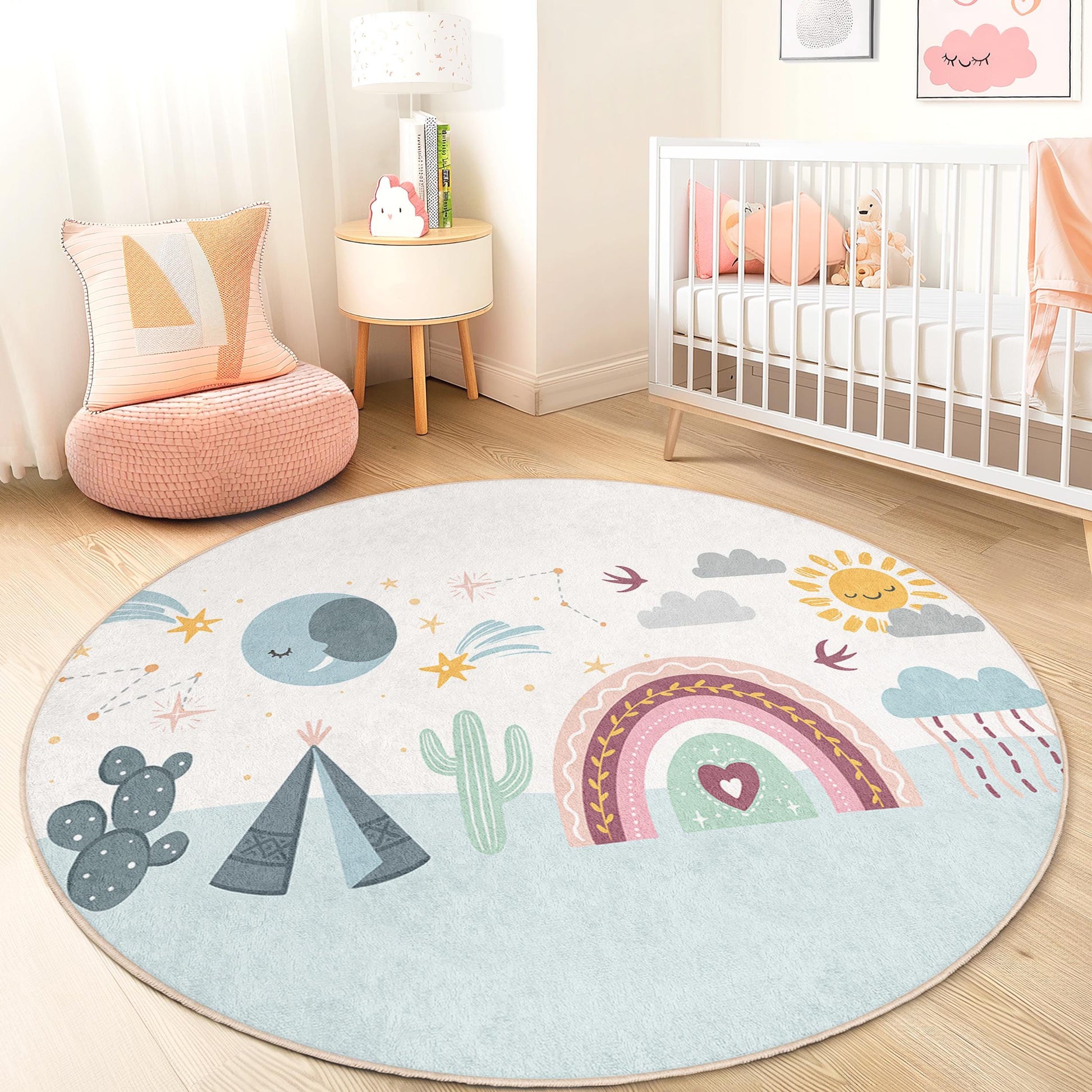 Dreamy Rainbow Adventure Kids Round Rug, Colorful Playroom Decor, Soft Nursery Rug, Kids Room Carpet, Rainbow Design Play Mat