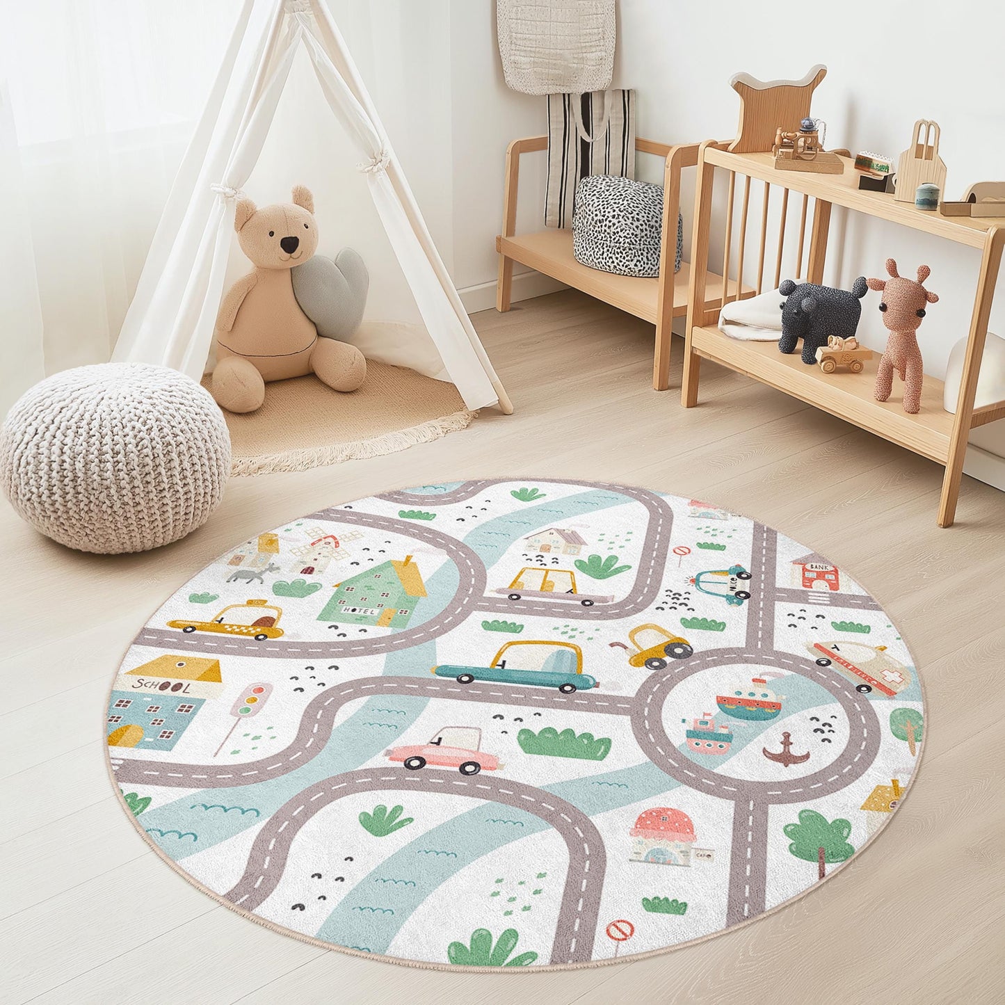 Runder Kinderteppich mit verspieltem Straßenkartenmotiv, interaktiver Teppich mit Automotiv, weiche Spielmatte fürs Kinderzimmer, Kinderzimmerdeko, lustiger Aktivitätsteppich