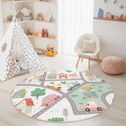 Colorful Round Kids Play Rug, Road Map Play Mat, Interactive Round Rug for Children's Room, Nursery Decor, Playroom Carpet