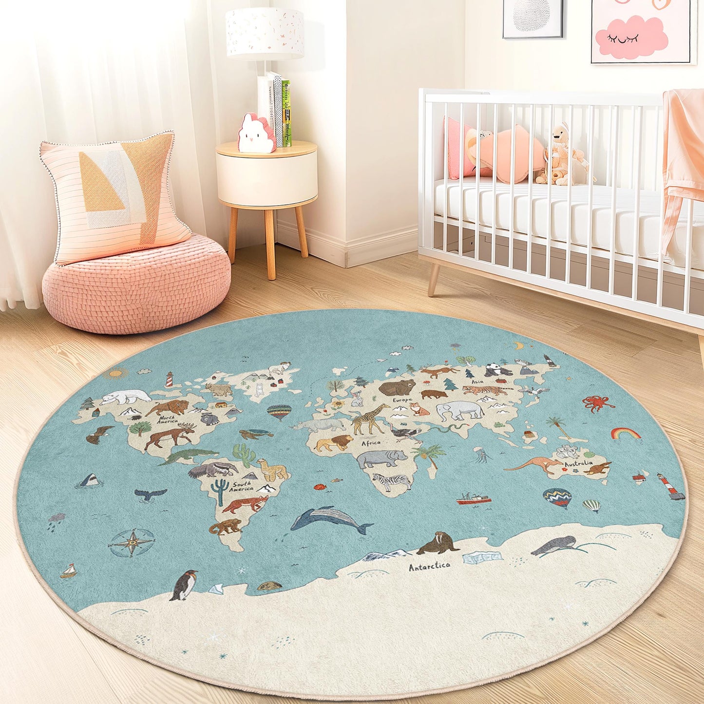 Interaktiver runder Kinderteppich mit Weltkarte, Spielmatte mit Tiermotiven, Lernteppich fürs Kinderzimmer, weiche Kinderzimmerdekoration, Abenteuerspielteppich