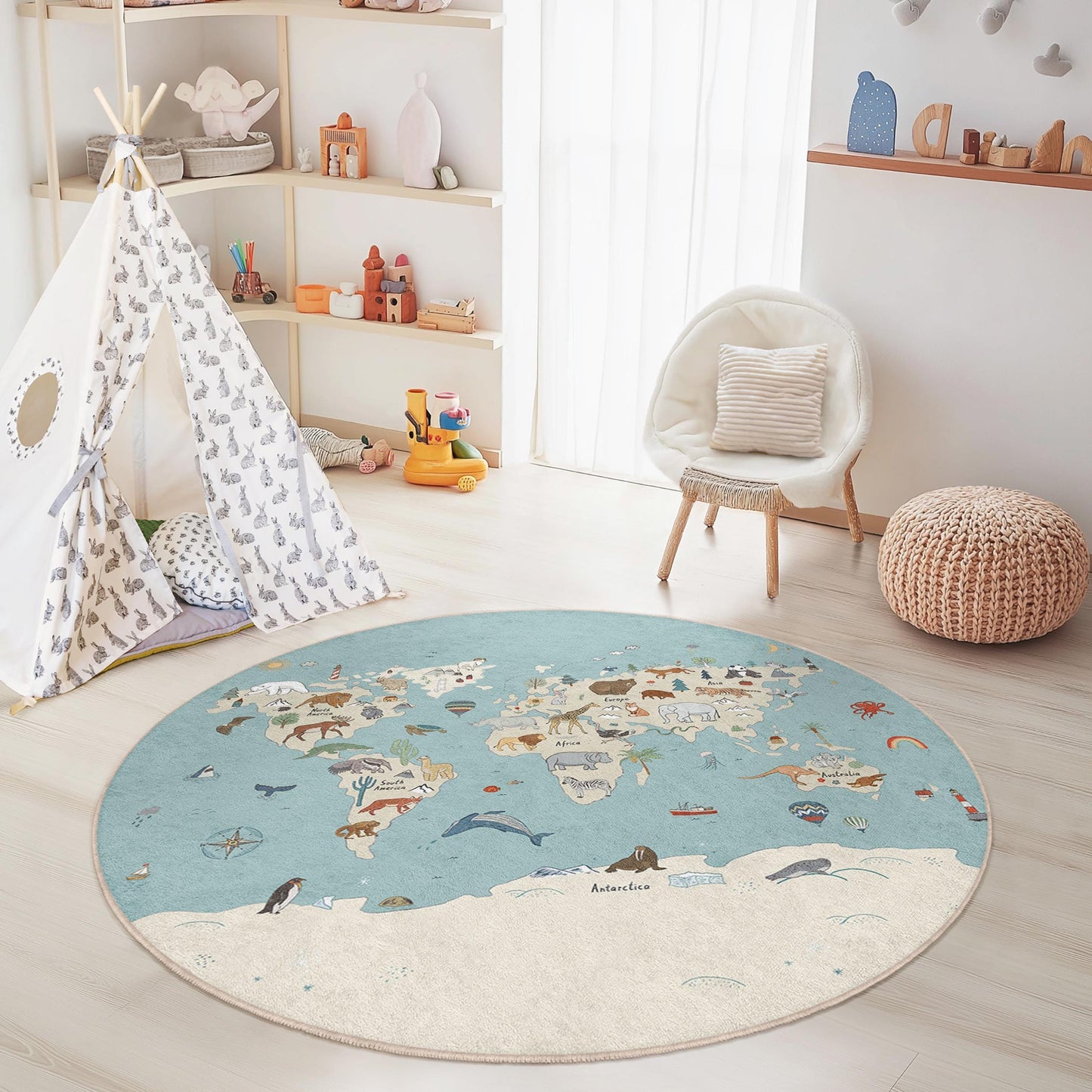 Interaktiver runder Kinderteppich mit Weltkarte, Spielmatte mit Tiermotiven, Lernteppich fürs Kinderzimmer, weiche Kinderzimmerdekoration, Abenteuerspielteppich