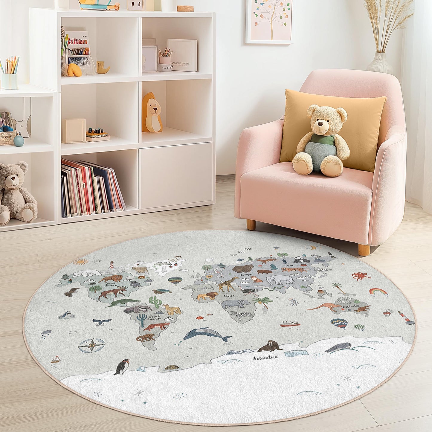 Runder Teppich mit Weltkarte und Tiermotiven, Kinderzimmerdeko, Lernteppich für den Spielbereich, runder Kinderteppich, weicher Babyteppich