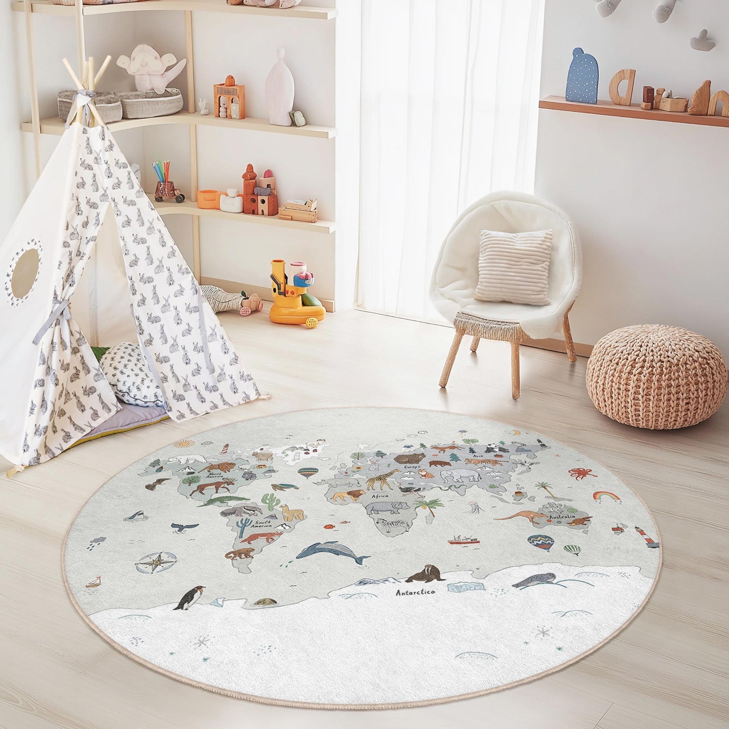 Runder Teppich mit Weltkarte und Tiermotiven, Kinderzimmerdeko, Lernteppich für den Spielbereich, runder Kinderteppich, weicher Babyteppich