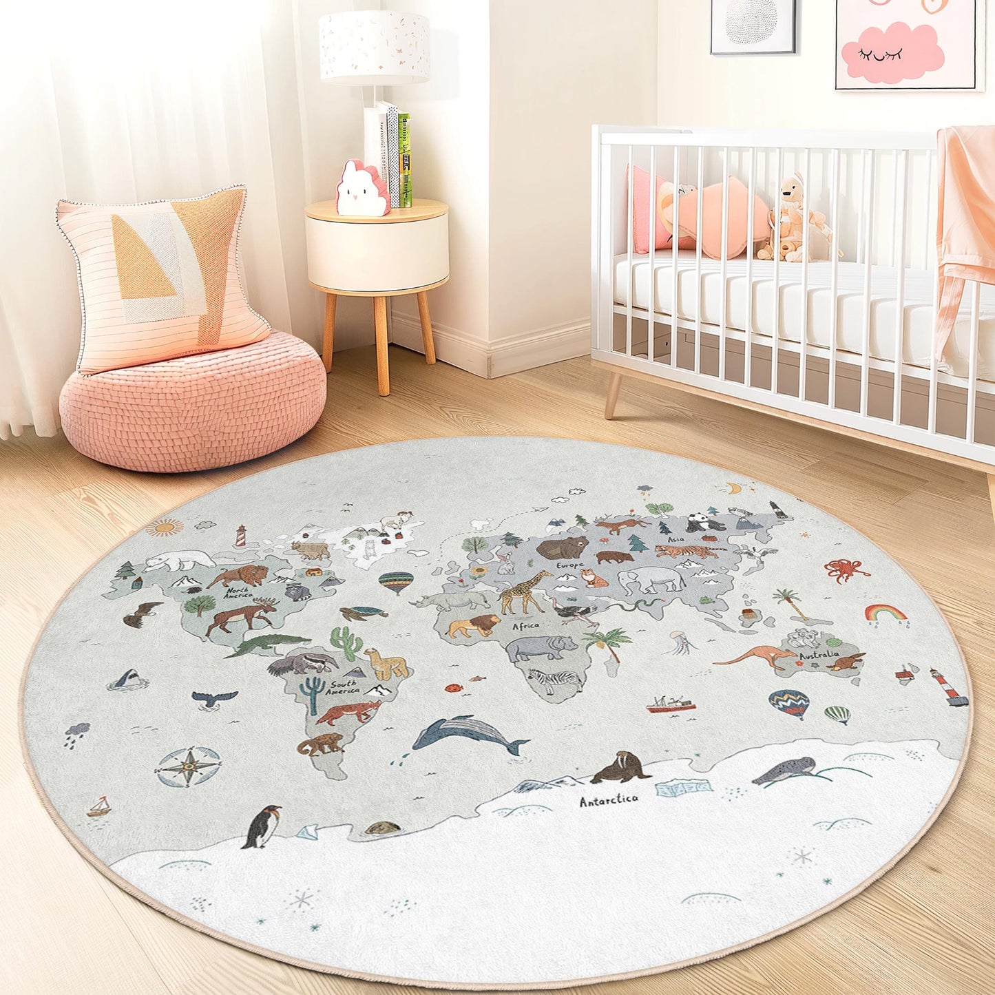 World Map Animal Themed Round Rug, Kids Room Decor, Educational Play Area Rug, Childrens Round Carpet, Soft Nursery Rug