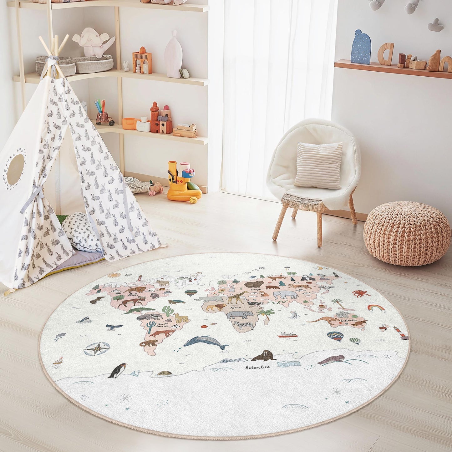 Runder Teppich mit Weltkarten-Tiermotiv, Kinderzimmerdeko, verspielter Tierteppich, Babyzimmerteppich, Lernteppich für Kinder