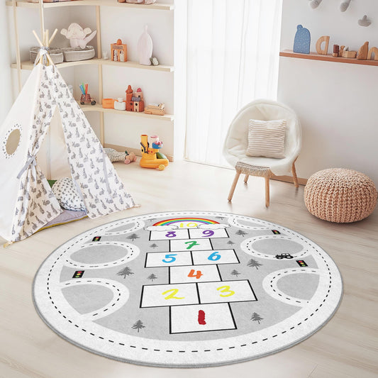 Hopscotch Rainbow Round Kids Play Rug, Colorful Interactive Mat for Playroom, Soft Nursery Decor, Fun Learning Carpet