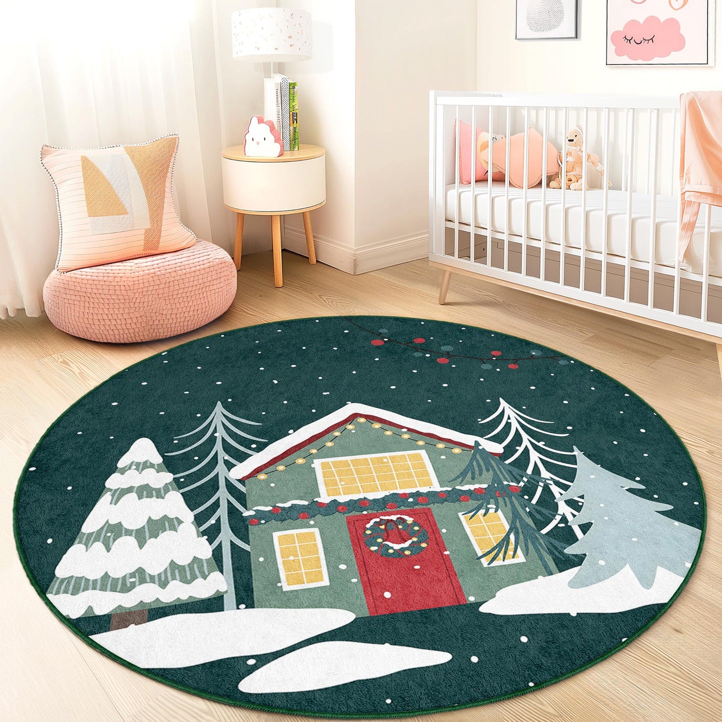 Winter Wonderland Round Kids Rug, Christmas Tree Decor Rug, Holiday Themed Play Mat, Cozy Nursery Rug, Festive Kids Room Carpet