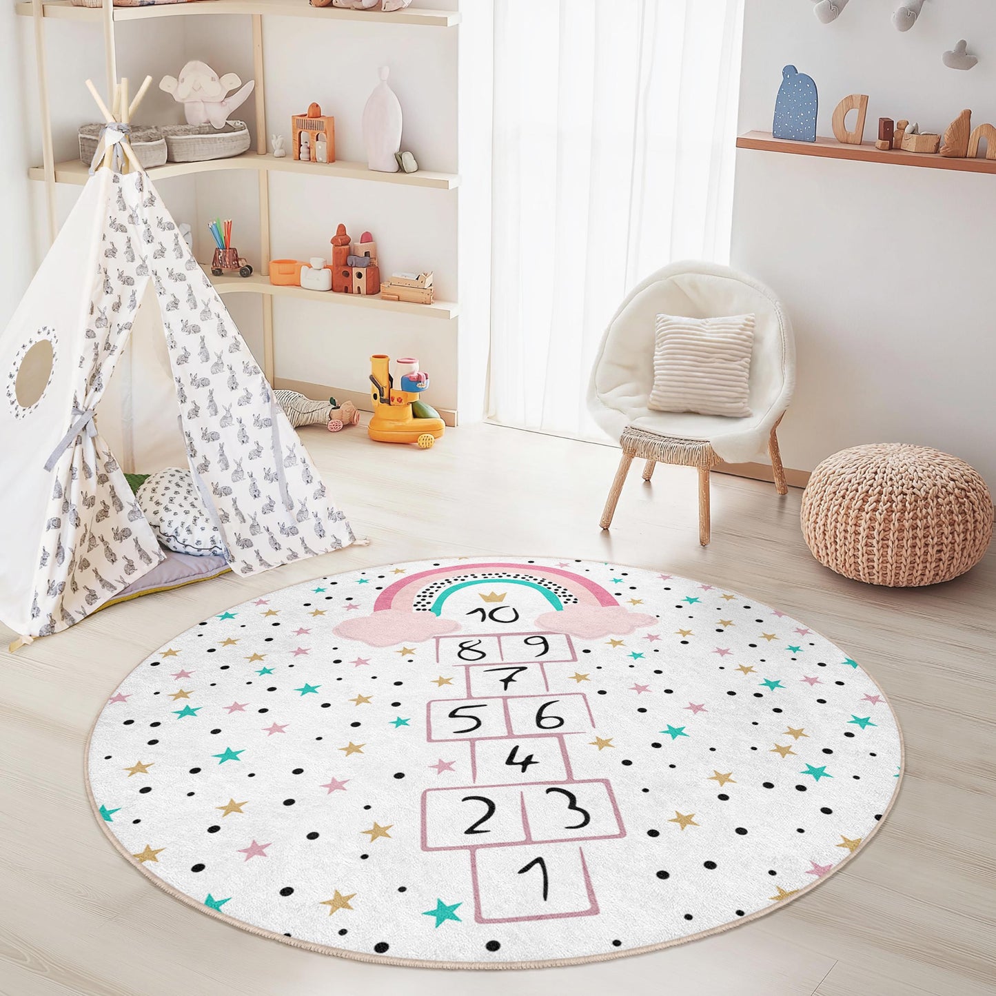 Regenbogen-Hüpfspiel-Spielteppich für Kinder, runde Spielmatte fürs Kinderzimmer, bunter Kinderzimmerteppich, interaktiver Spielteppich, weicher und kuscheliger Kinderteppich