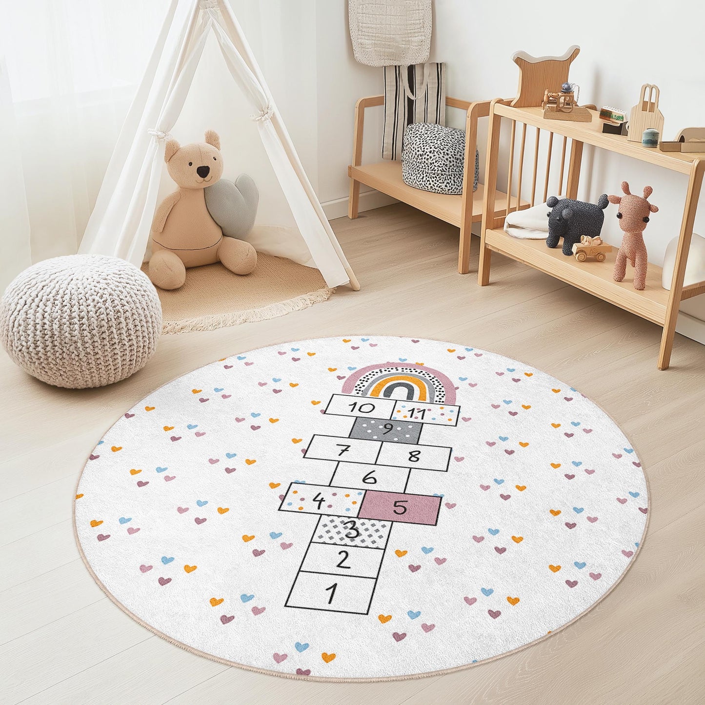 Runder Regenbogen-Hüpfteppich für Kinder, verspielter runder Teppich fürs Kinderzimmer, weiche Spielmatte für Kinder, Kinderzimmerdekoration