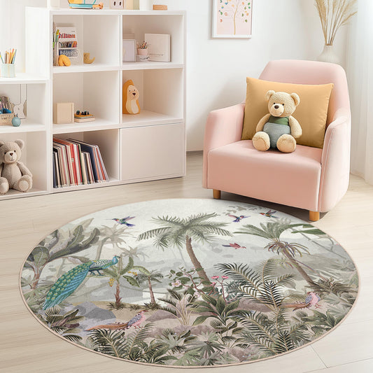 Tropical Paradise Round Kids Rug, Colorful Jungle Area Rug, Playroom Decor, Soft Round Carpet for Children, Animal Print Nursery Rug