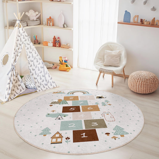Rainbow Hopscotch Round Kids Rug, Playful Nursery Area Rug, Soft Round Carpet for Children's Room, Colorful Play Mat, Kids Decor