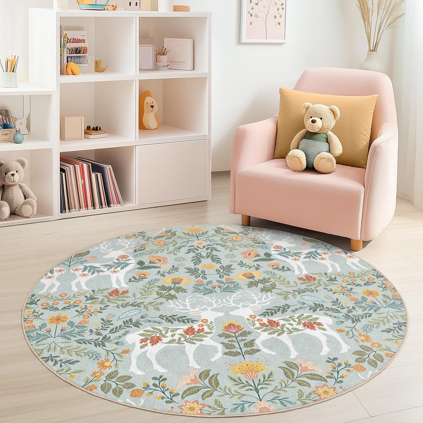 Runder Kinderteppich mit Hirschmotiv, Boho-Stil, weiche Spielmatte, runder Teppich fürs Kinderzimmer, von der Natur inspiriertes Design