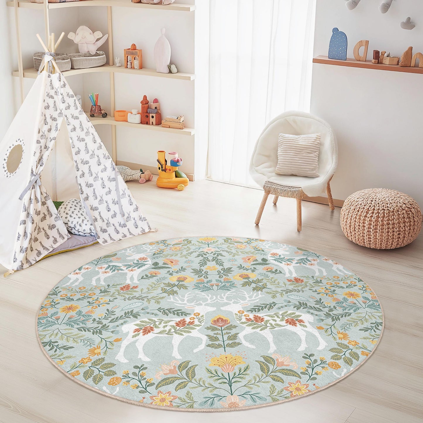 Runder Kinderteppich mit Hirschmotiv, Boho-Stil, weiche Spielmatte, runder Teppich fürs Kinderzimmer, von der Natur inspiriertes Design