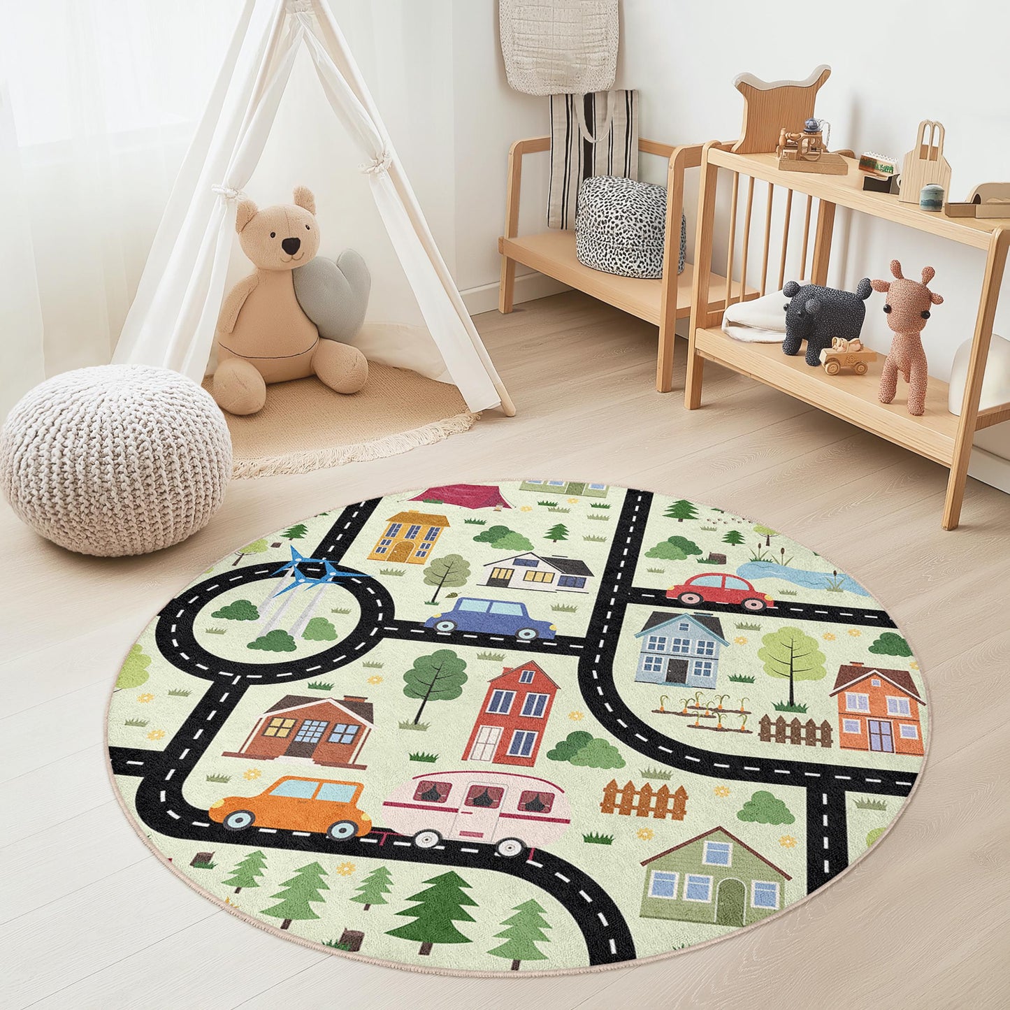 Verspielter runder Kinderteppich mit Straßenkartenmotiv, interaktive Spielmatte für Kinder, weicher Teppich für Spielzimmer, Kinderzimmerdekoration, Teppich fürs Kinderzimmer